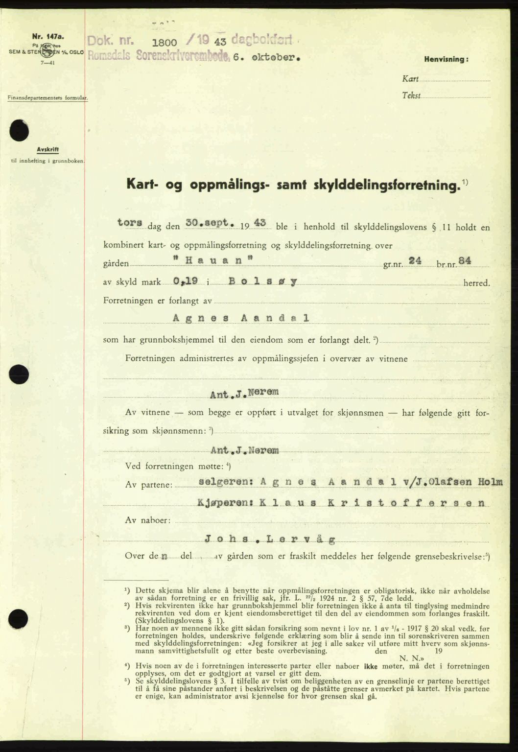 Romsdal sorenskriveri, AV/SAT-A-4149/1/2/2C: Mortgage book no. A15, 1943-1944, Diary no: : 1800/1943