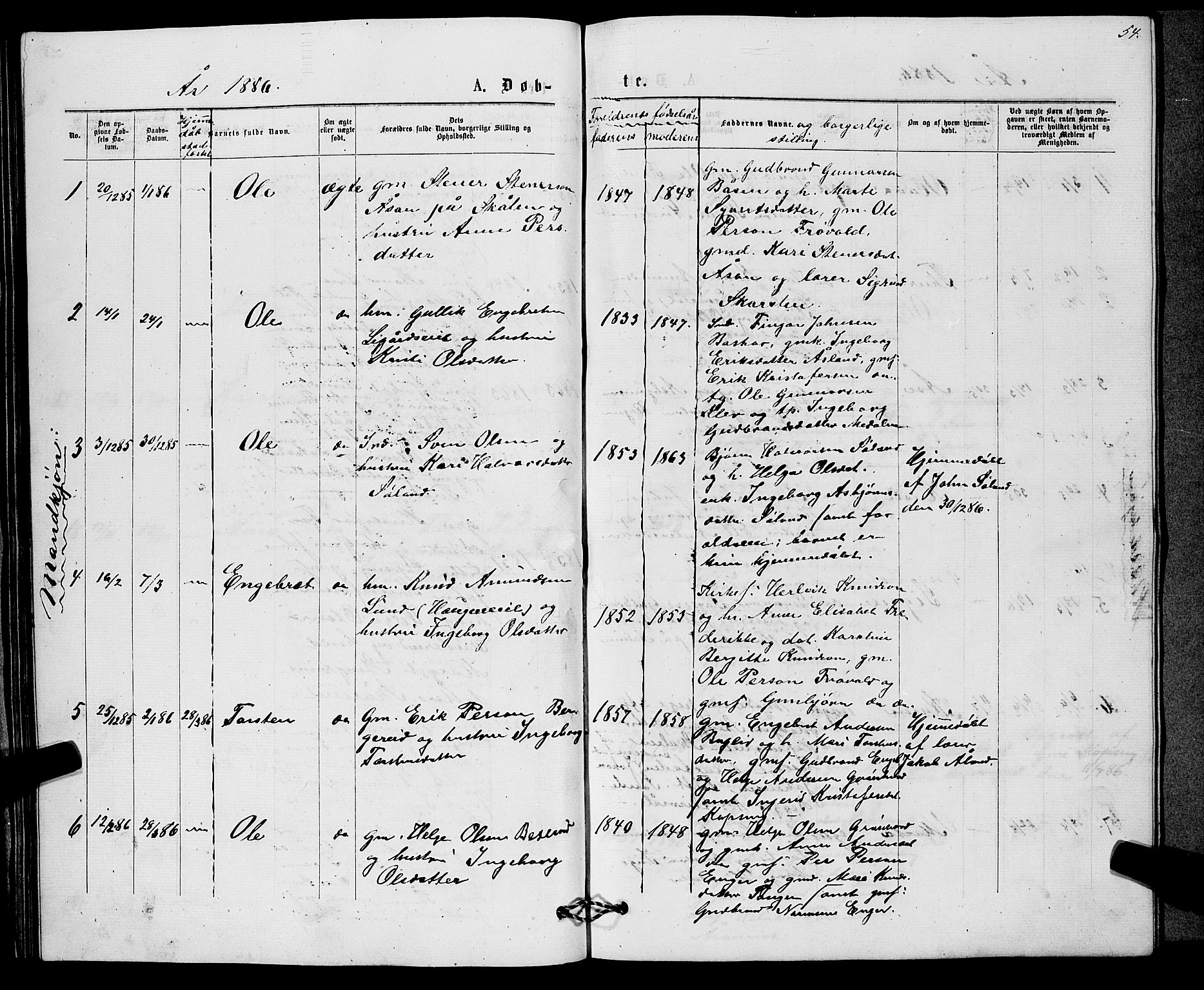 Sigdal kirkebøker, AV/SAKO-A-245/G/Gb/L0002: Parish register (copy) no. II 2, 1875-1900, p. 54