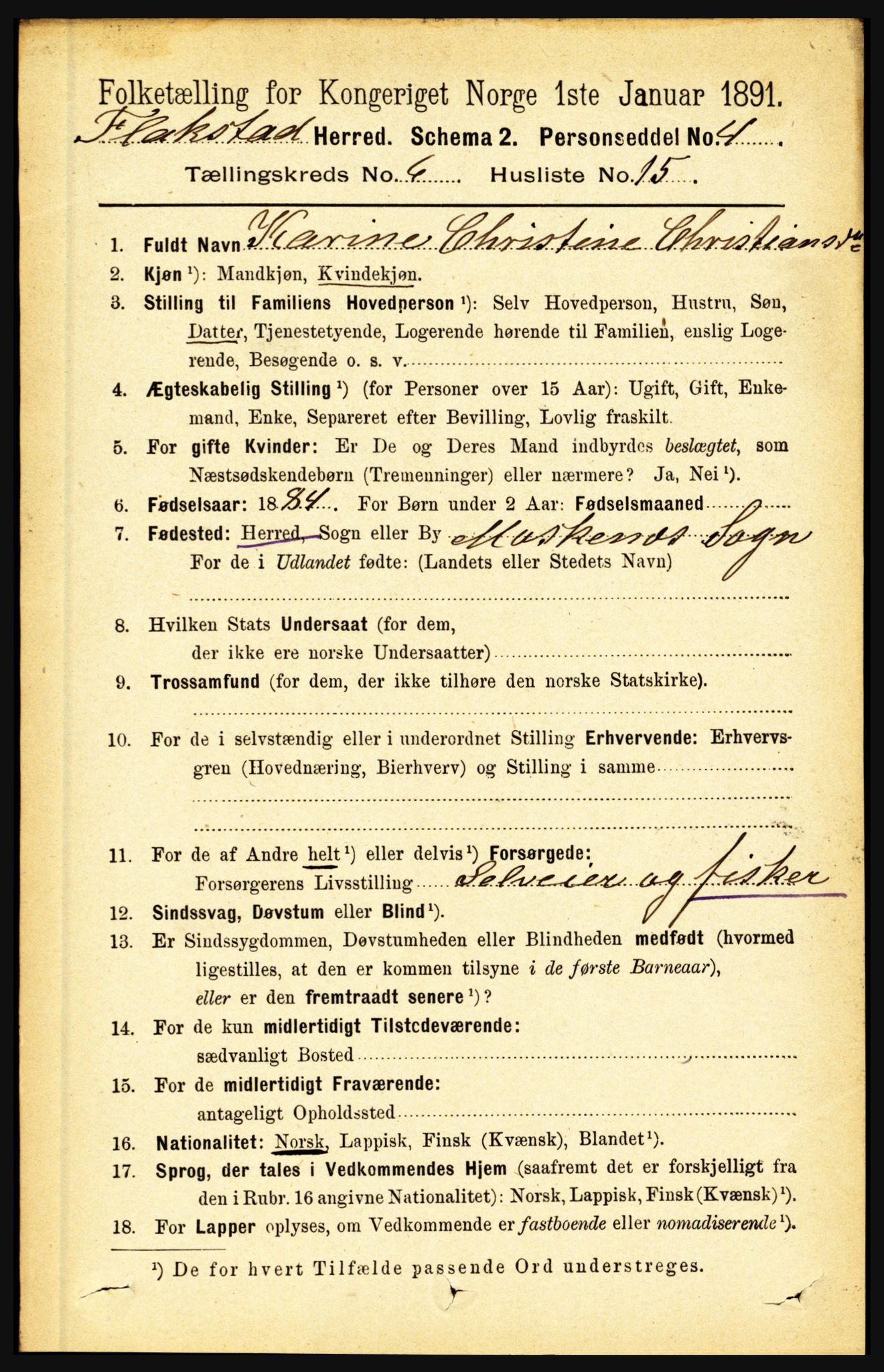 RA, 1891 census for 1859 Flakstad, 1891, p. 3029