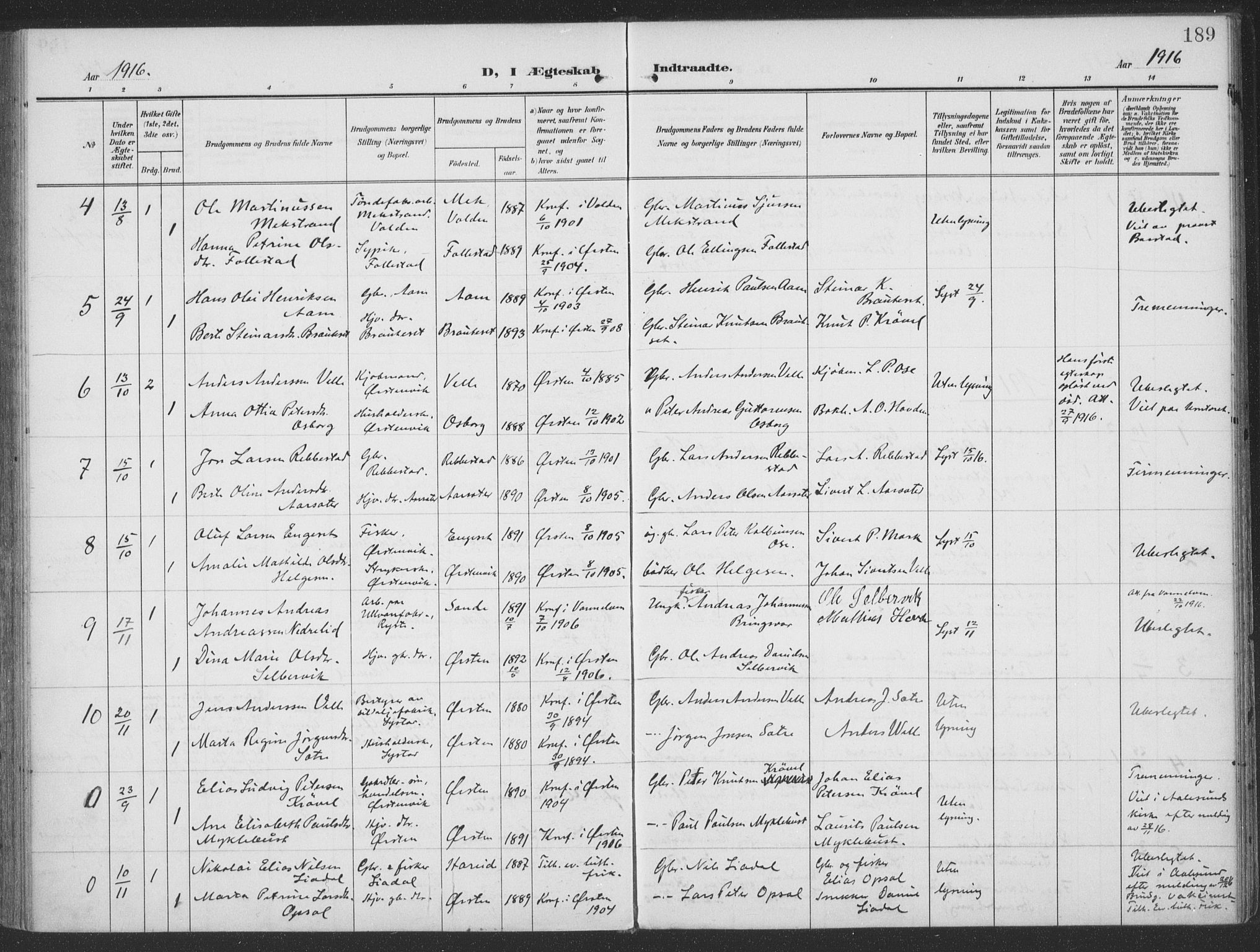 Ministerialprotokoller, klokkerbøker og fødselsregistre - Møre og Romsdal, SAT/A-1454/513/L0178: Parish register (official) no. 513A05, 1906-1919, p. 189