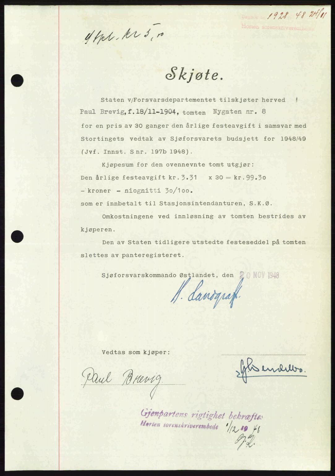 Horten sorenskriveri, AV/SAKO-A-133/G/Ga/Gaa/L0011: Mortgage book no. A-11, 1948-1948, Diary no: : 1928/1948