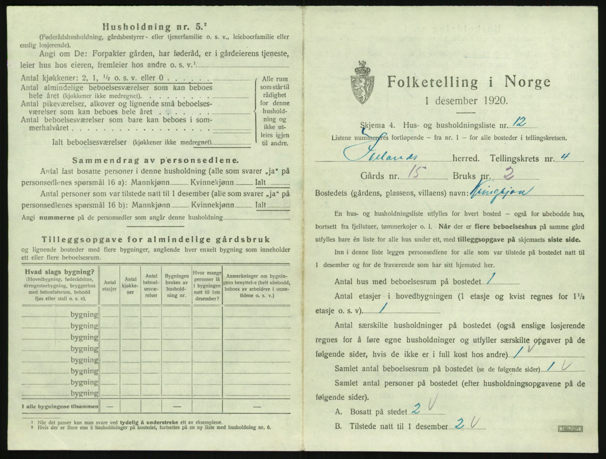SAK, 1920 census for Iveland, 1920, p. 215