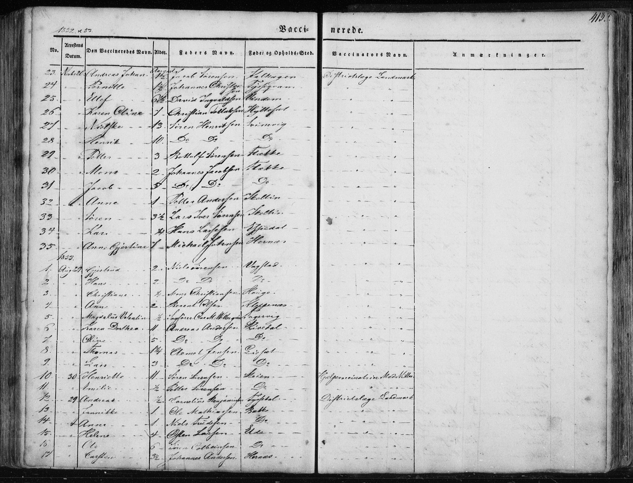 Fjaler sokneprestembete, SAB/A-79801/H/Haa/Haaa/L0006: Parish register (official) no. A 6, 1835-1884, p. 413