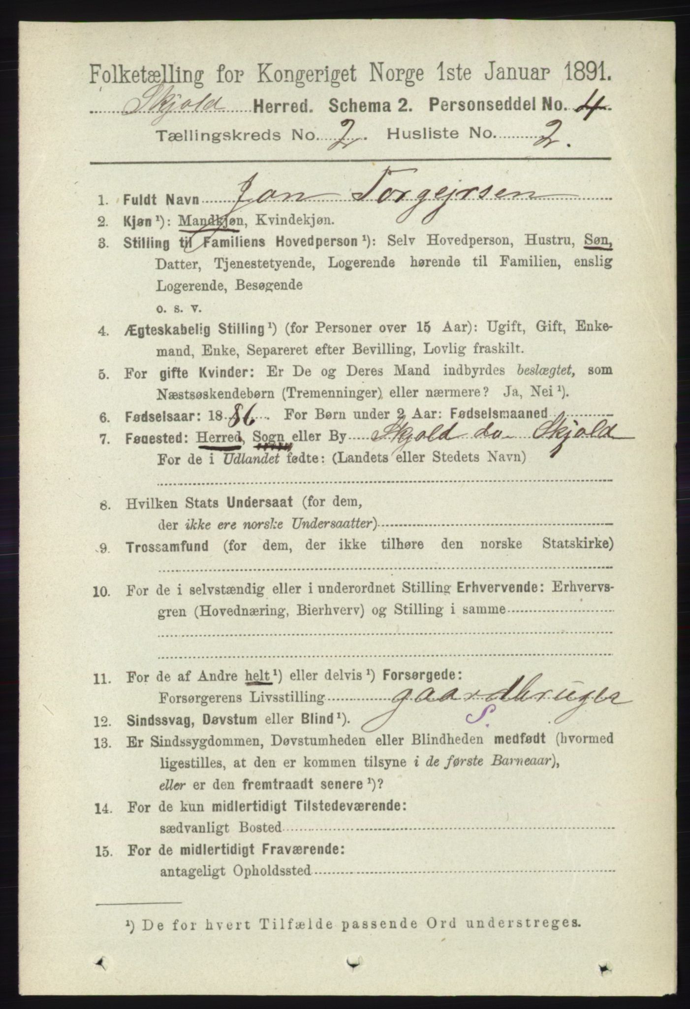 RA, 1891 census for 1154 Skjold, 1891, p. 290