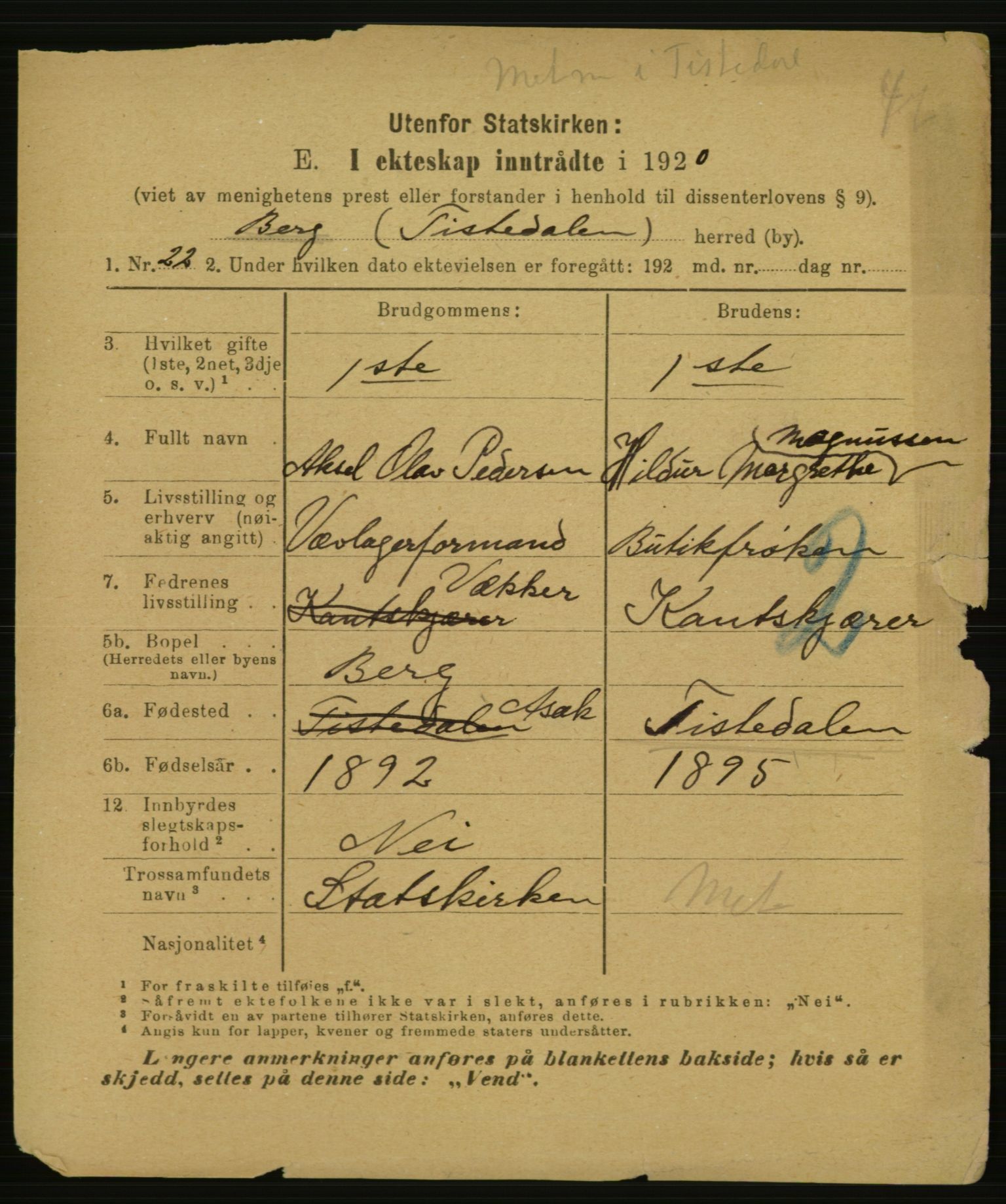 Statistisk sentralbyrå, Sosiodemografiske emner, Befolkning, AV/RA-S-2228/E/L0018: Fødte, gifte, døde dissentere., 1920, p. 1999