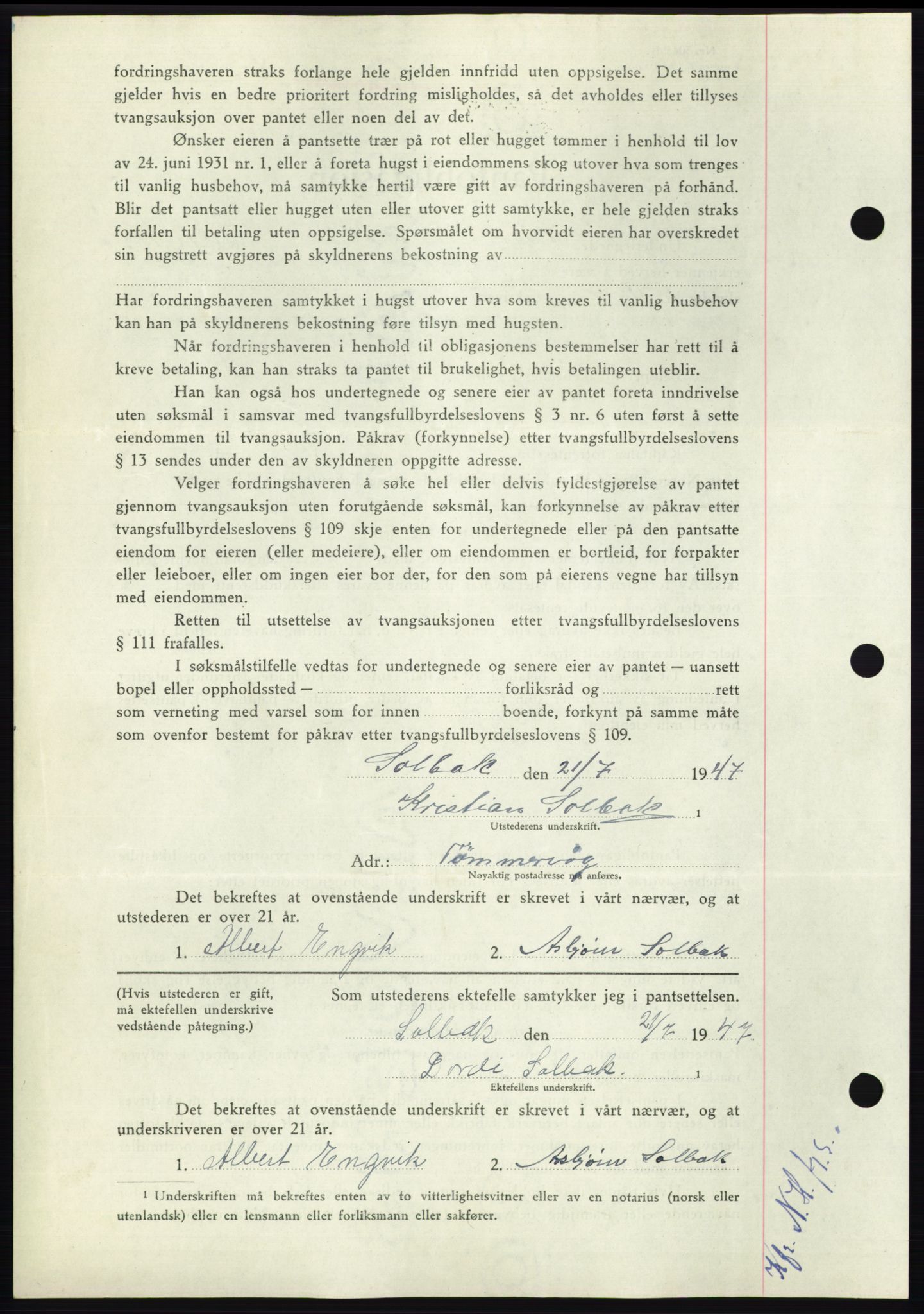 Nordmøre sorenskriveri, AV/SAT-A-4132/1/2/2Ca: Mortgage book no. B96, 1947-1947, Diary no: : 1693/1947