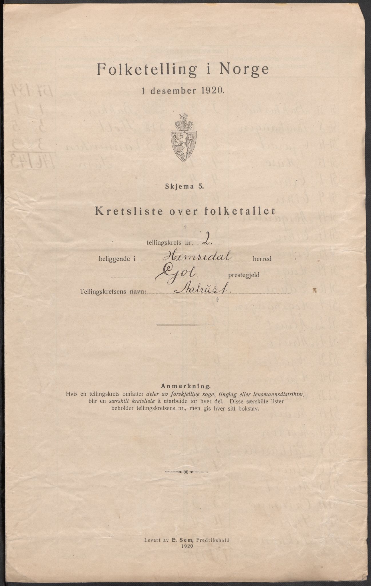 SAKO, 1920 census for Hemsedal, 1920, p. 8
