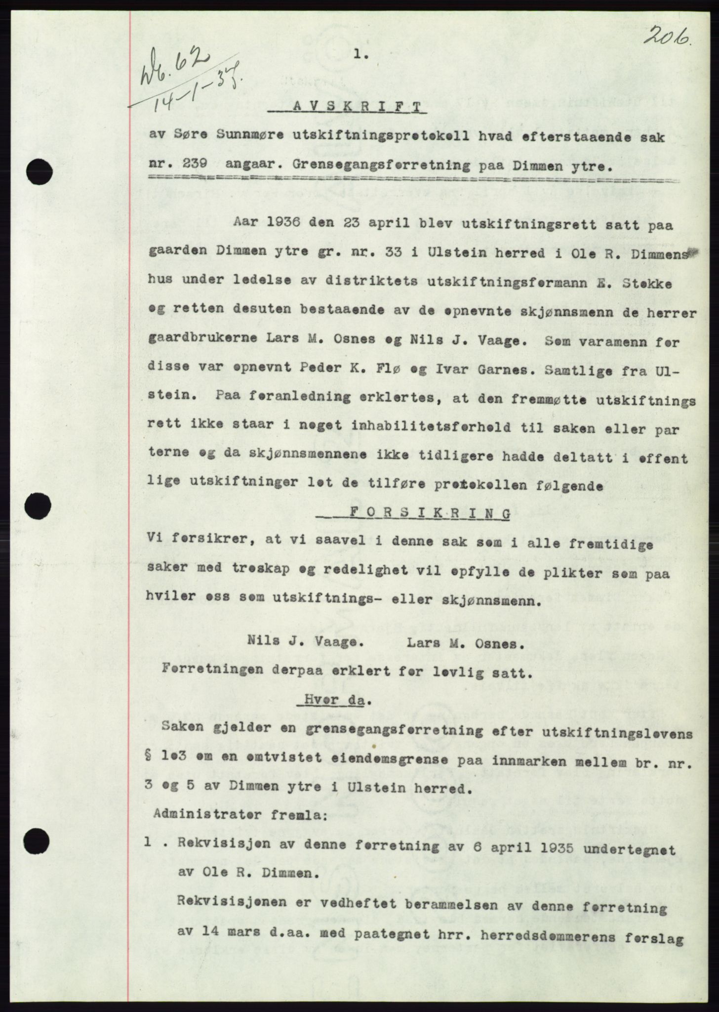 Søre Sunnmøre sorenskriveri, AV/SAT-A-4122/1/2/2C/L0062: Mortgage book no. 56, 1936-1937, Diary no: : 62/1937