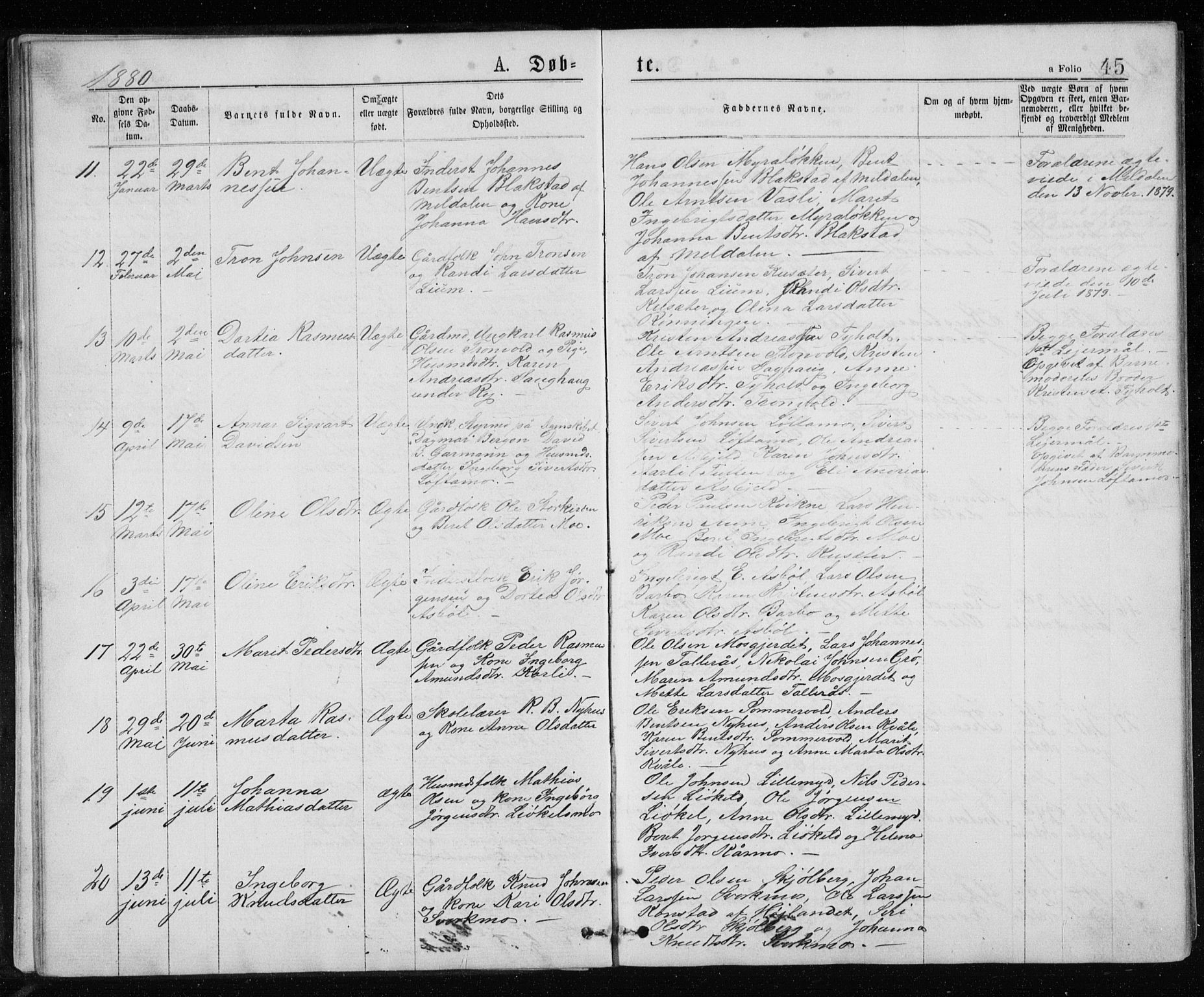 Ministerialprotokoller, klokkerbøker og fødselsregistre - Sør-Trøndelag, SAT/A-1456/671/L0843: Parish register (copy) no. 671C02, 1873-1892, p. 45