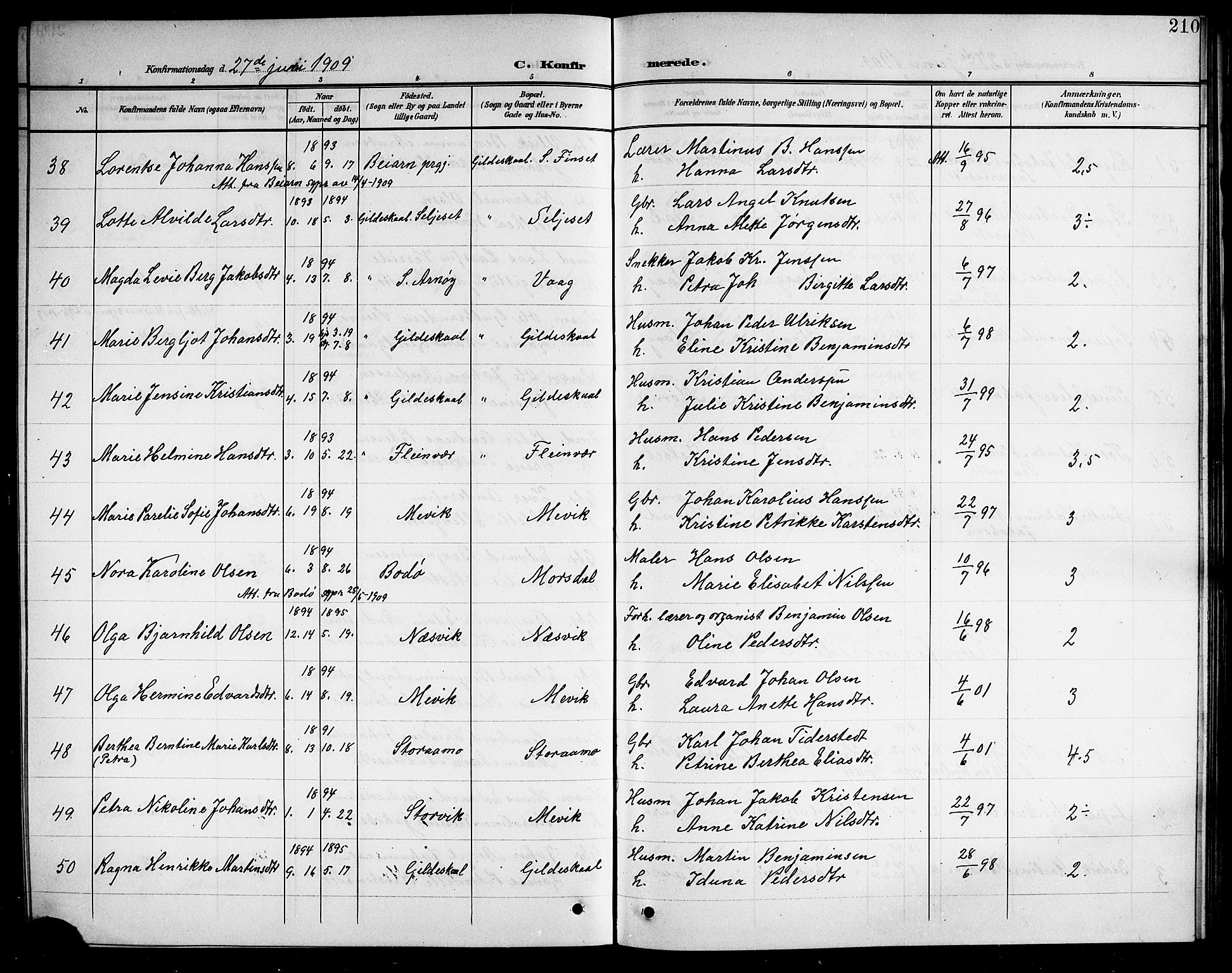 Ministerialprotokoller, klokkerbøker og fødselsregistre - Nordland, AV/SAT-A-1459/805/L0109: Parish register (copy) no. 805C05, 1900-1911, p. 210