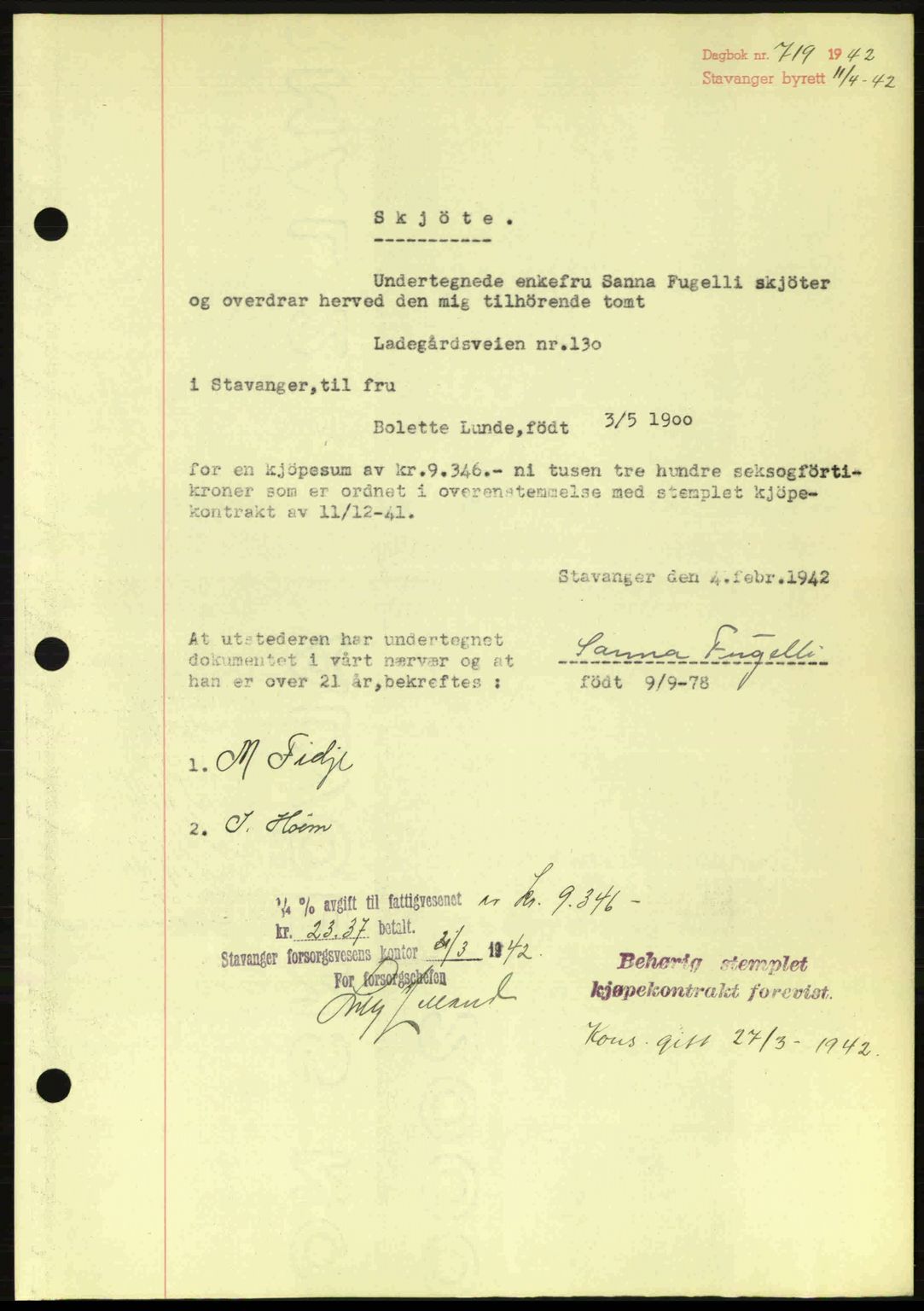 Stavanger byrett, SAST/A-100455/002/G/Gb/L0017: Mortgage book no. A7, 1941-1943, Diary no: : 719/1942
