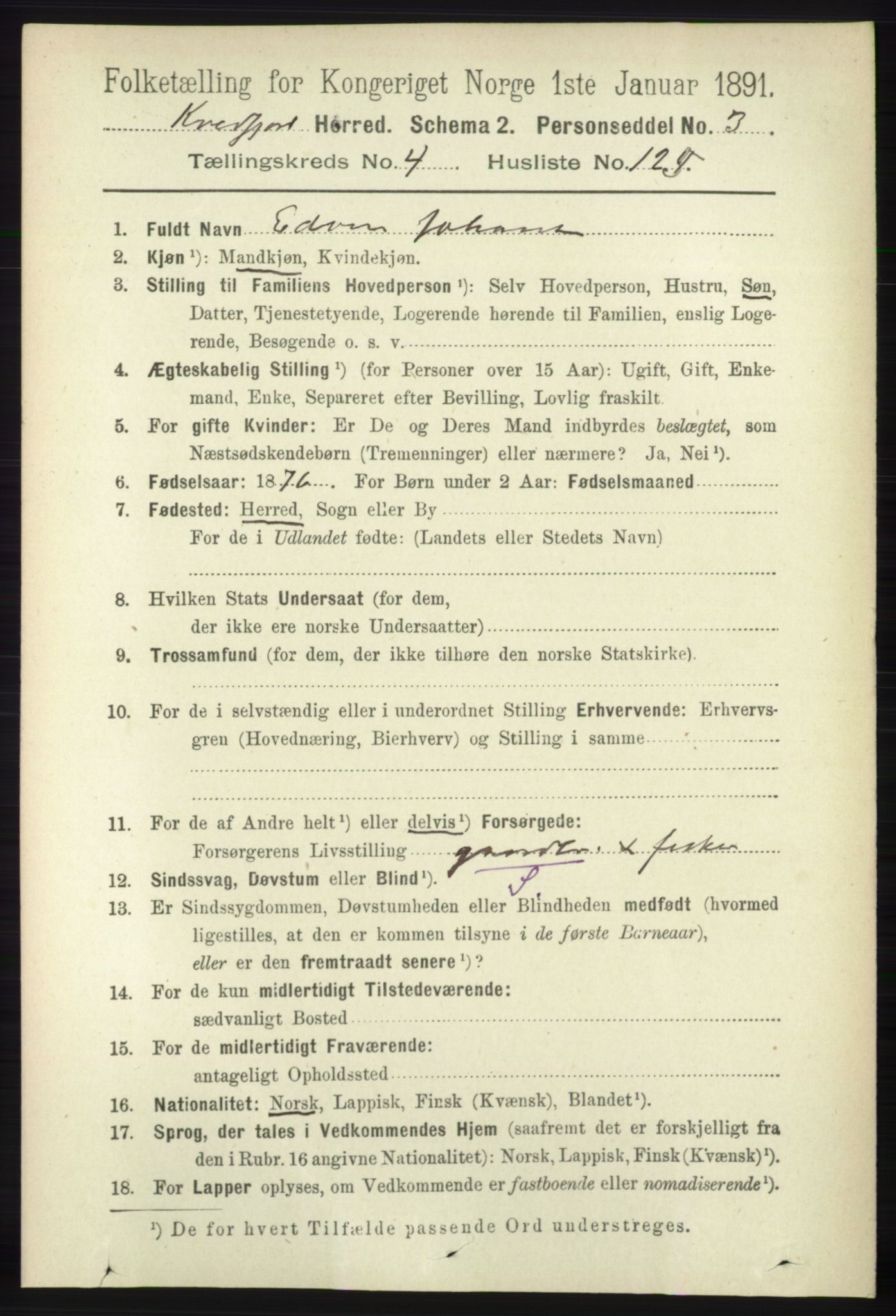 RA, 1891 census for 1911 Kvæfjord, 1891, p. 2690