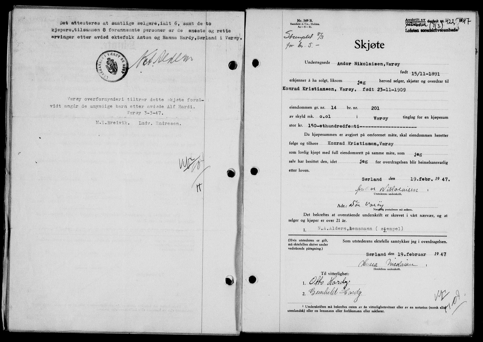 Lofoten sorenskriveri, SAT/A-0017/1/2/2C/L0015a: Mortgage book no. 15a, 1946-1947, Diary no: : 422/1947