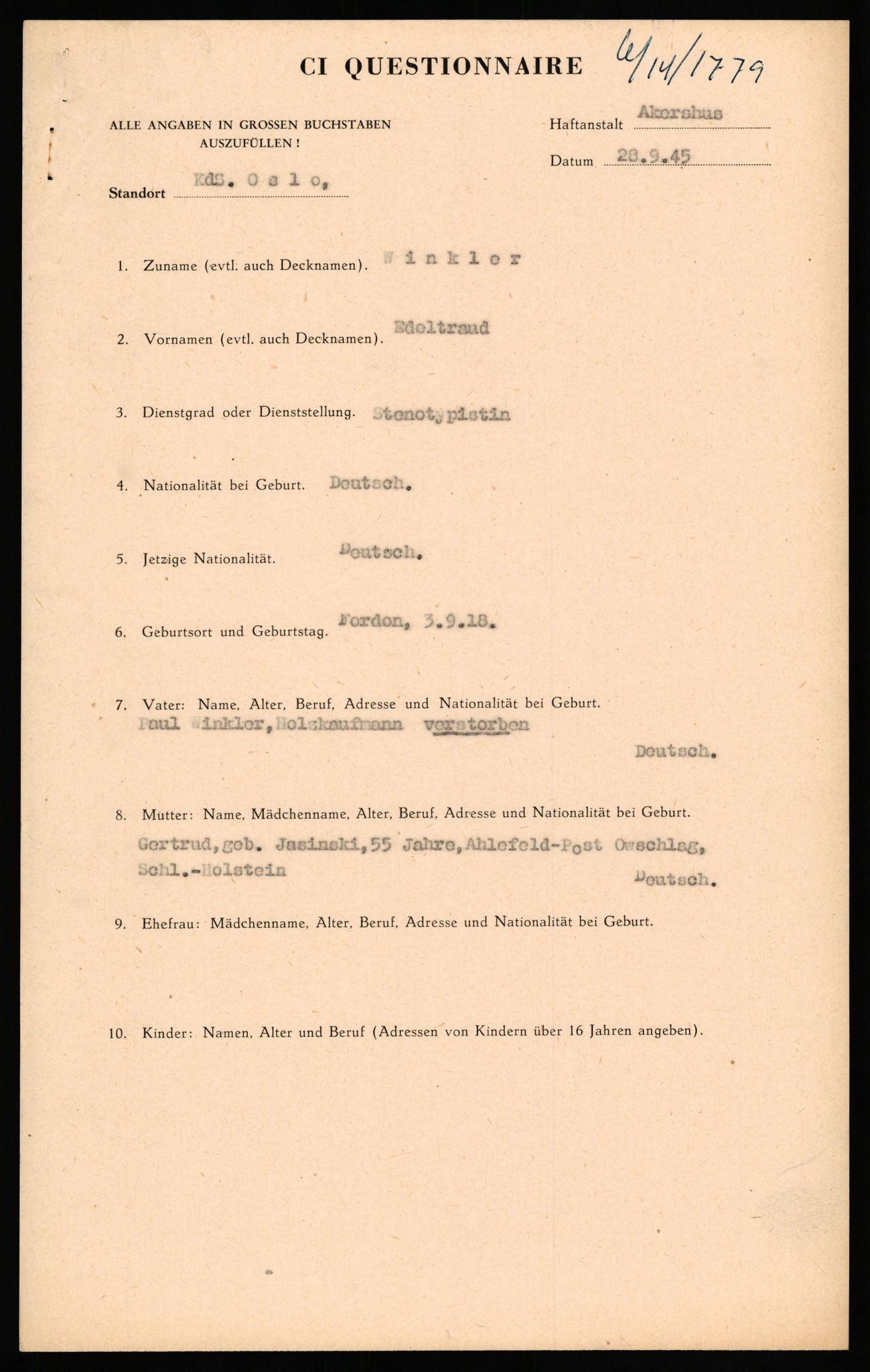 Forsvaret, Forsvarets overkommando II, AV/RA-RAFA-3915/D/Db/L0036: CI Questionaires. Tyske okkupasjonsstyrker i Norge. Tyskere., 1945-1946, p. 153