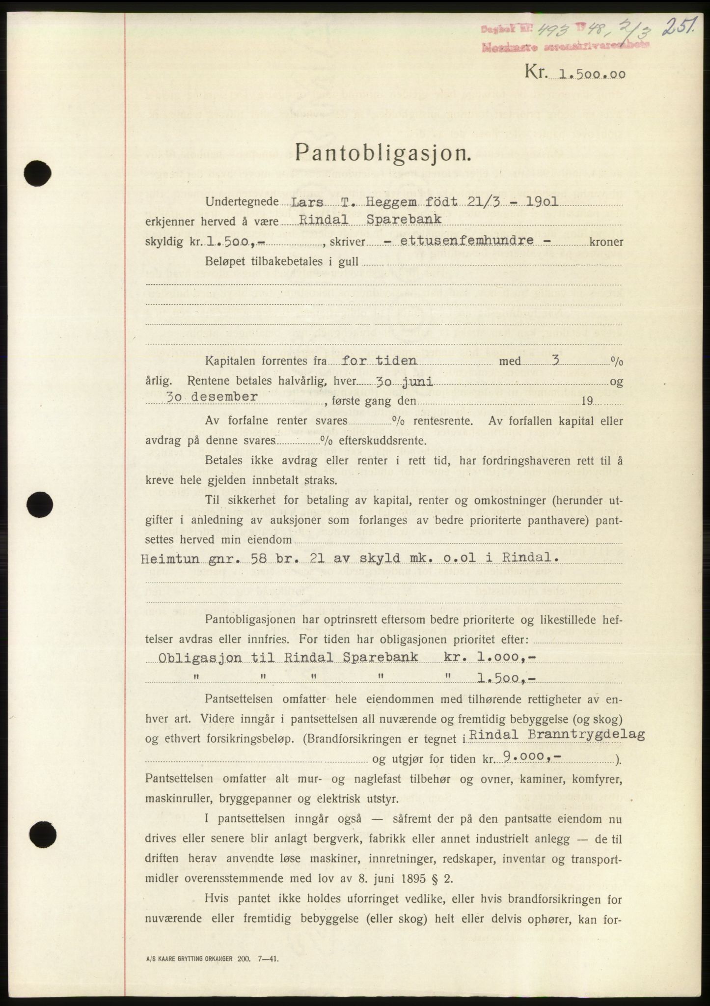 Nordmøre sorenskriveri, AV/SAT-A-4132/1/2/2Ca: Mortgage book no. B98, 1948-1948, Diary no: : 493/1948