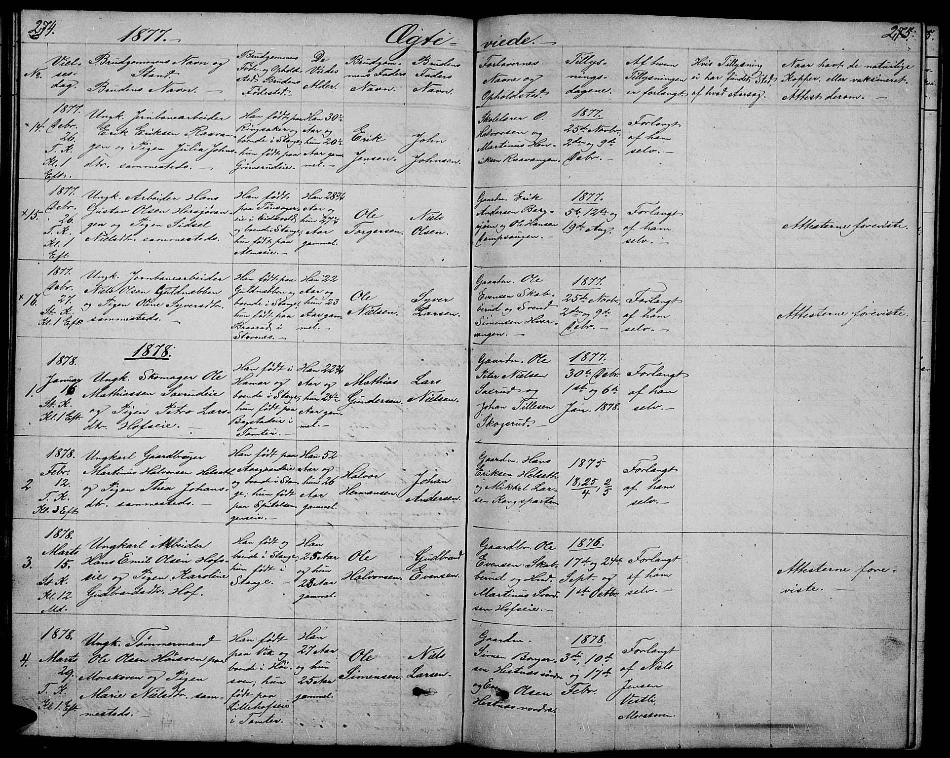 Stange prestekontor, SAH/PREST-002/L/L0005: Parish register (copy) no. 5, 1861-1881, p. 274-275