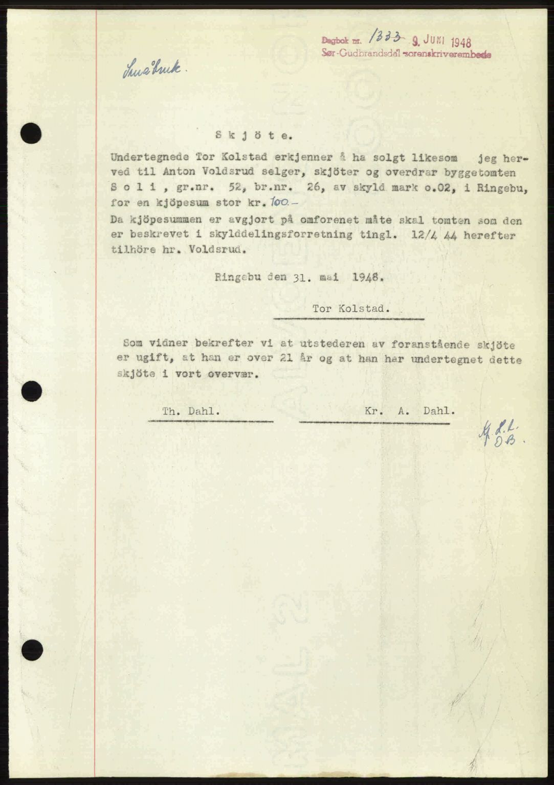 Sør-Gudbrandsdal tingrett, SAH/TING-004/H/Hb/Hbd/L0022: Mortgage book no. A22, 1948-1948, Diary no: : 1333/1948