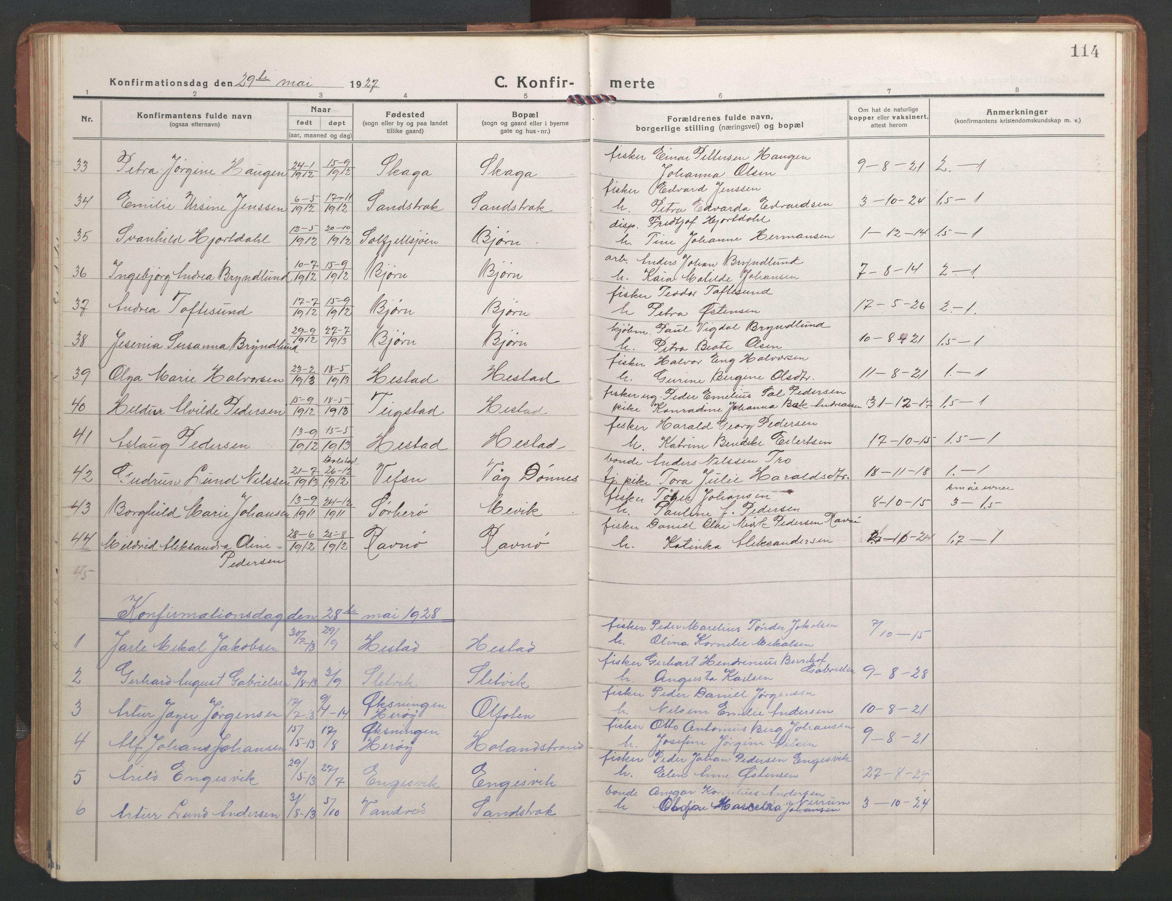 Ministerialprotokoller, klokkerbøker og fødselsregistre - Nordland, AV/SAT-A-1459/836/L0539: Parish register (copy) no. 836C03, 1917-1949, p. 114