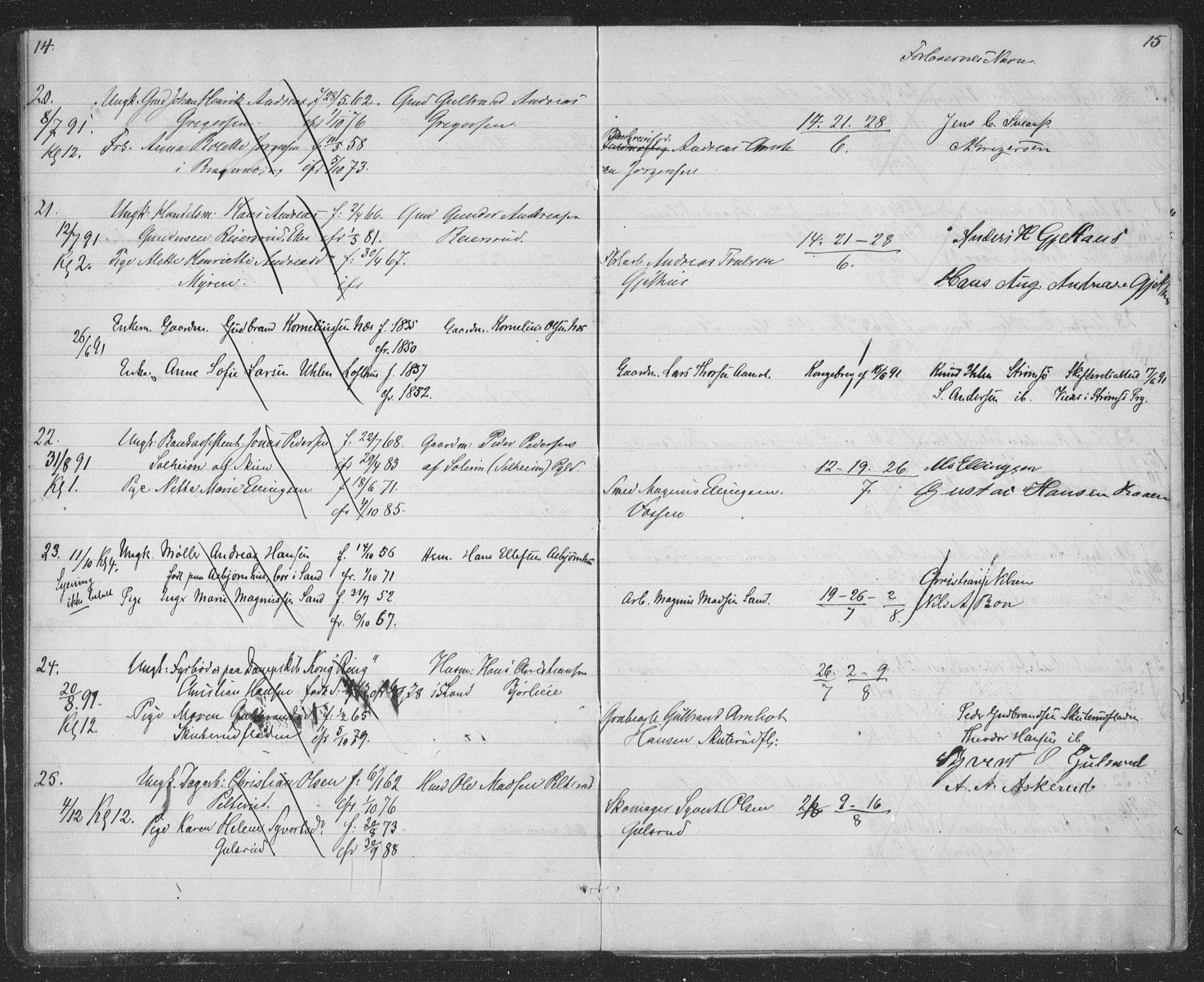 Modum kirkebøker, SAKO/A-234/H/Ha/L0001: Banns register no. I 1, 1891-1903, p. 14-15