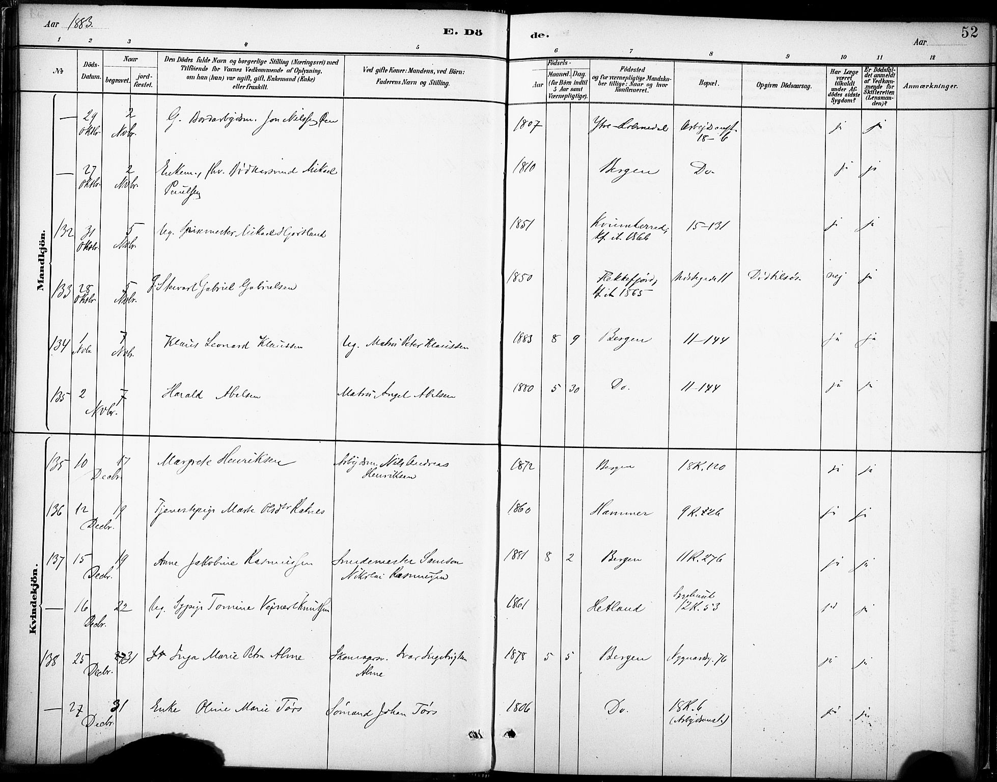 Domkirken sokneprestembete, AV/SAB-A-74801/H/Haa/L0043: Parish register (official) no. E 5, 1882-1904, p. 52