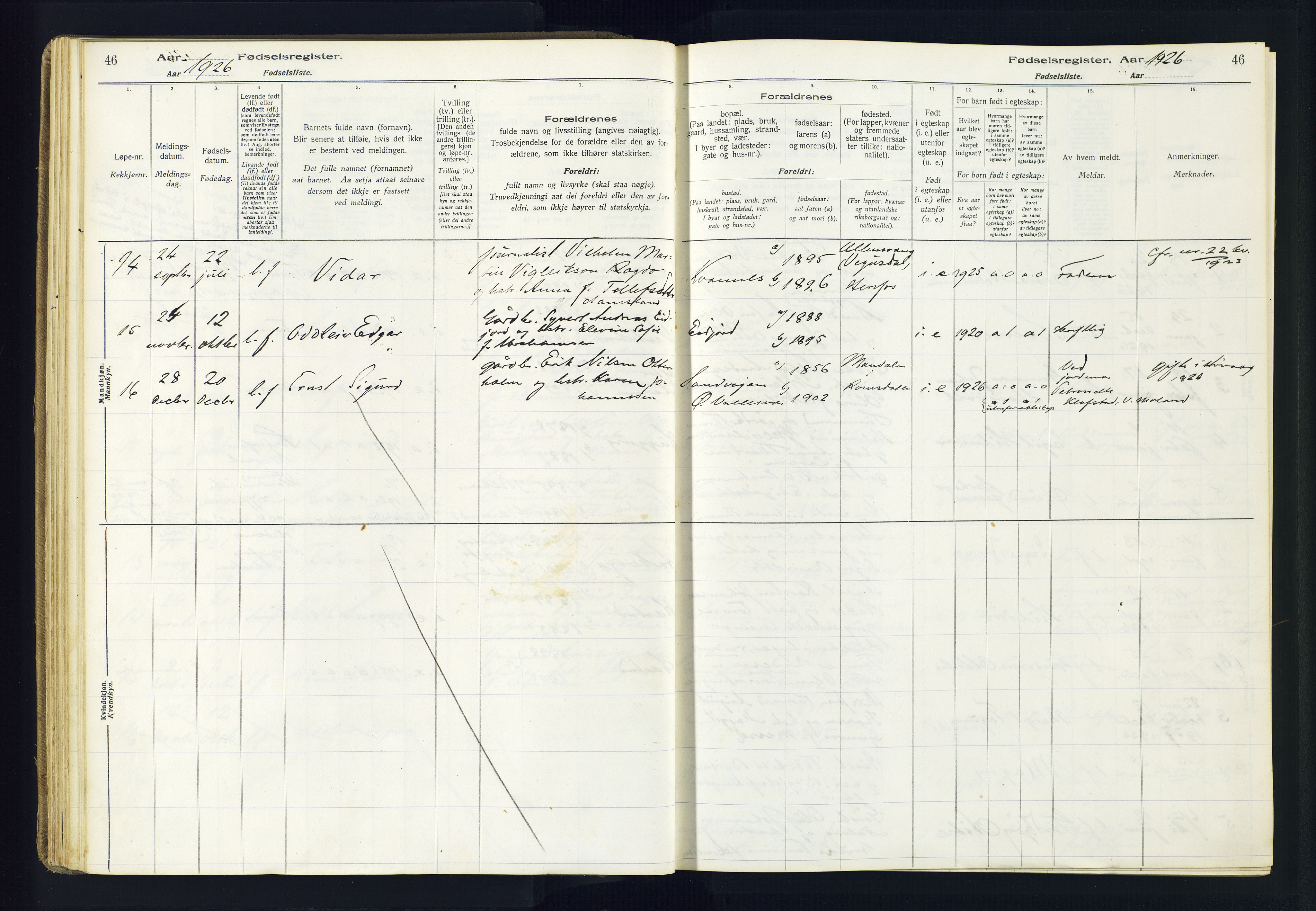 Høvåg sokneprestkontor, AV/SAK-1111-0025/J/Ja/L0001: Birth register no. II.4.2, 1916-1982, p. 46