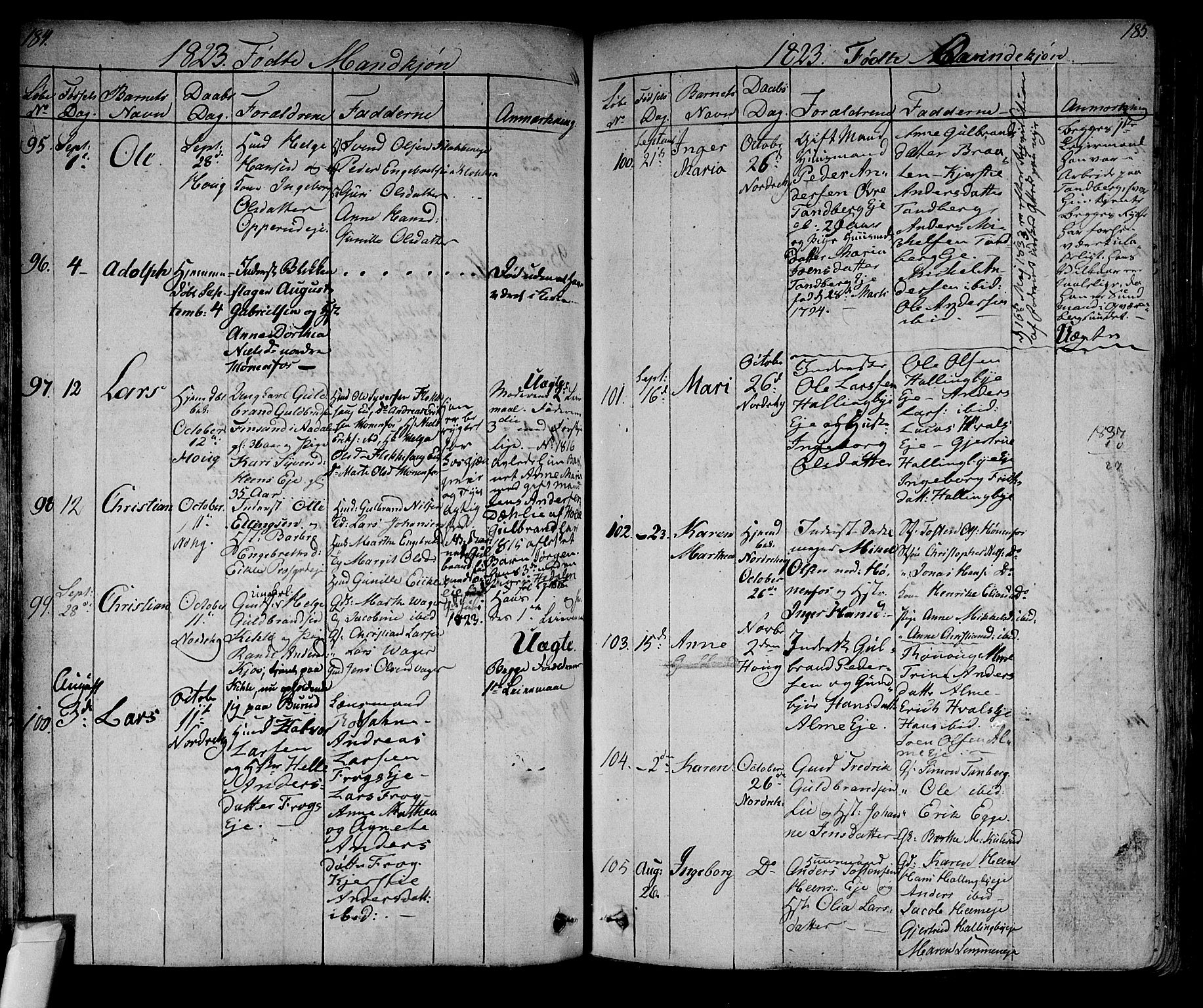 Norderhov kirkebøker, AV/SAKO-A-237/F/Fa/L0009: Parish register (official) no. 9, 1819-1837, p. 184-185