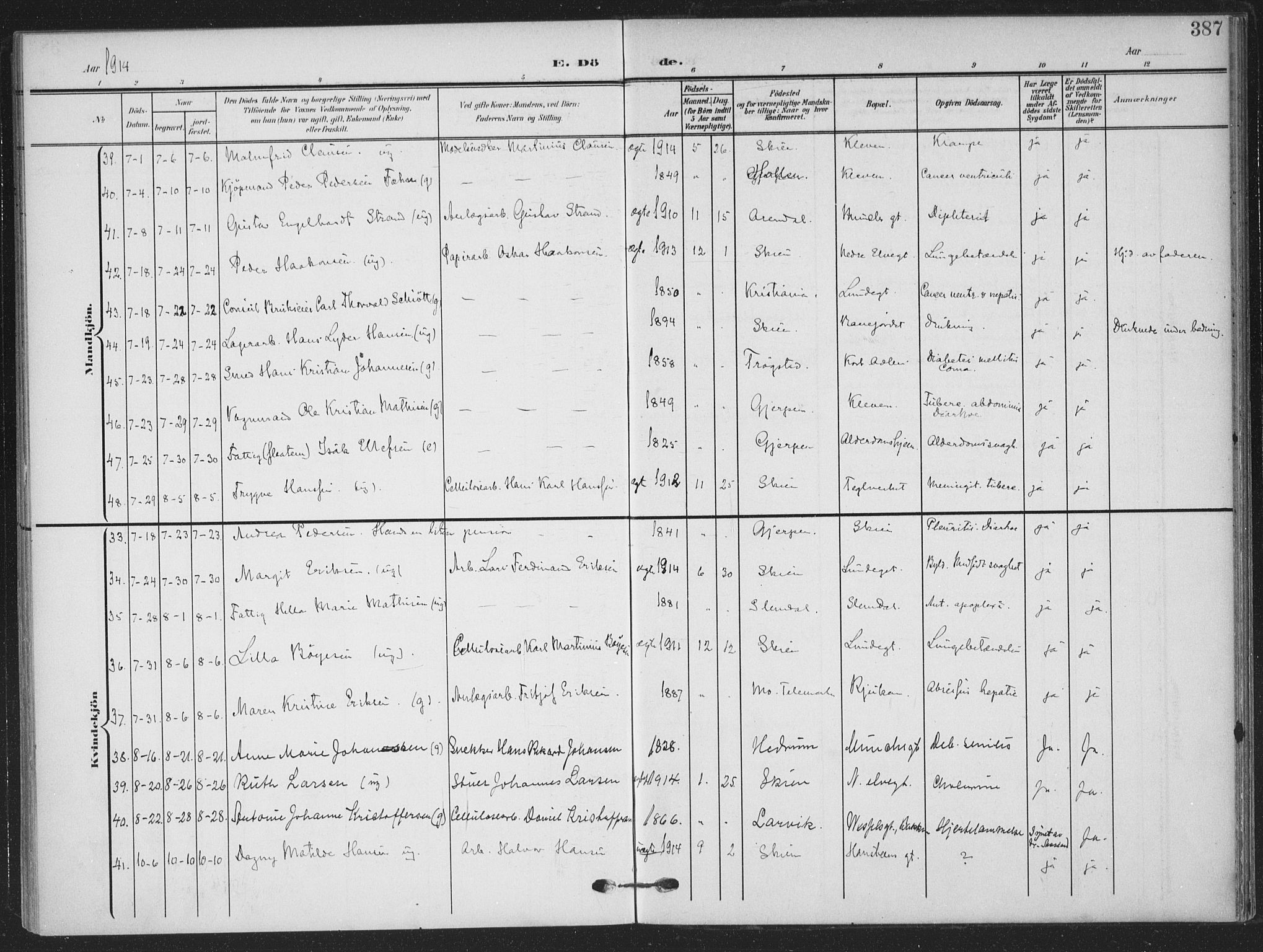 Skien kirkebøker, AV/SAKO-A-302/F/Fa/L0012: Parish register (official) no. 12, 1908-1914, p. 387