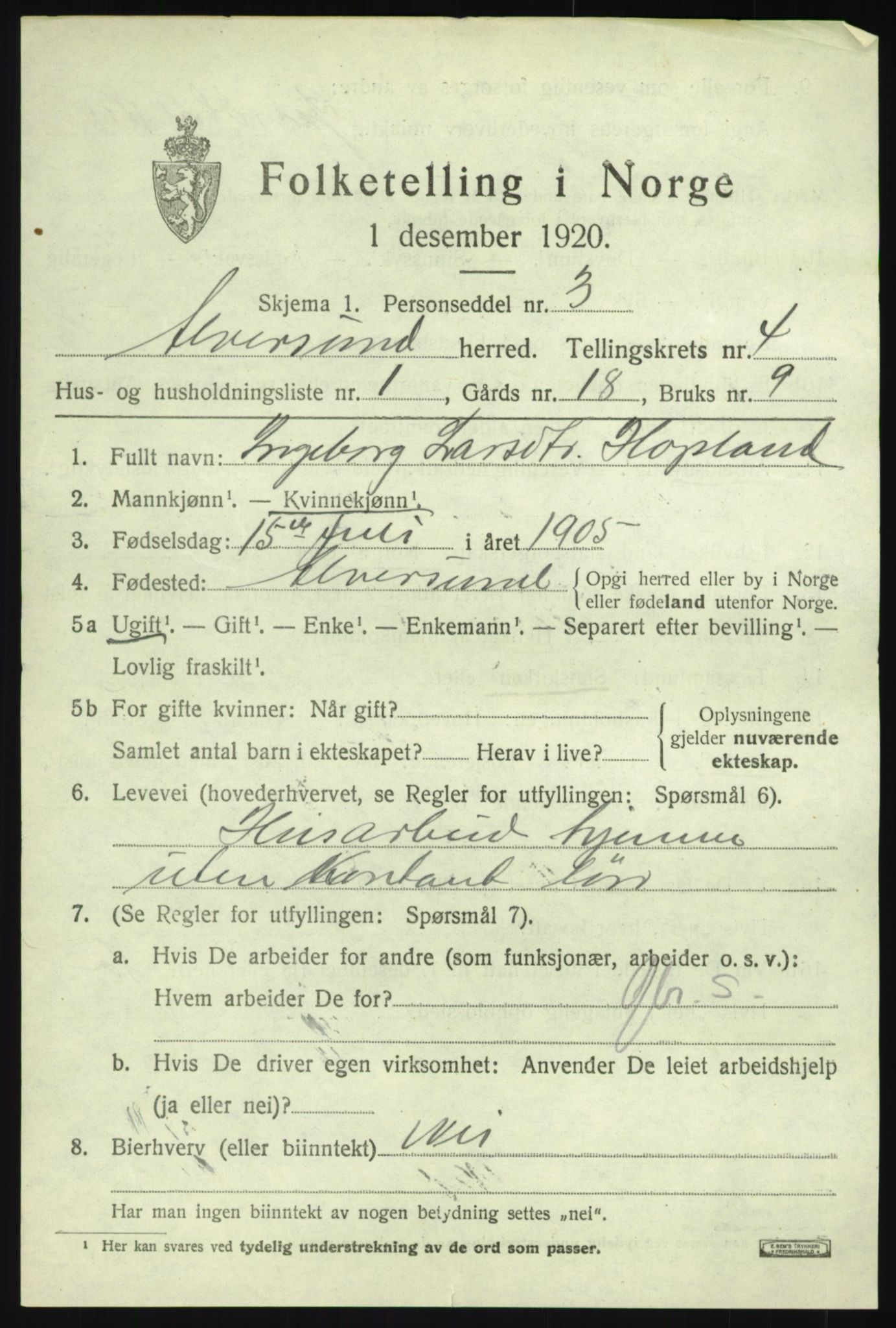 SAB, 1920 census for Alversund, 1920, p. 2662