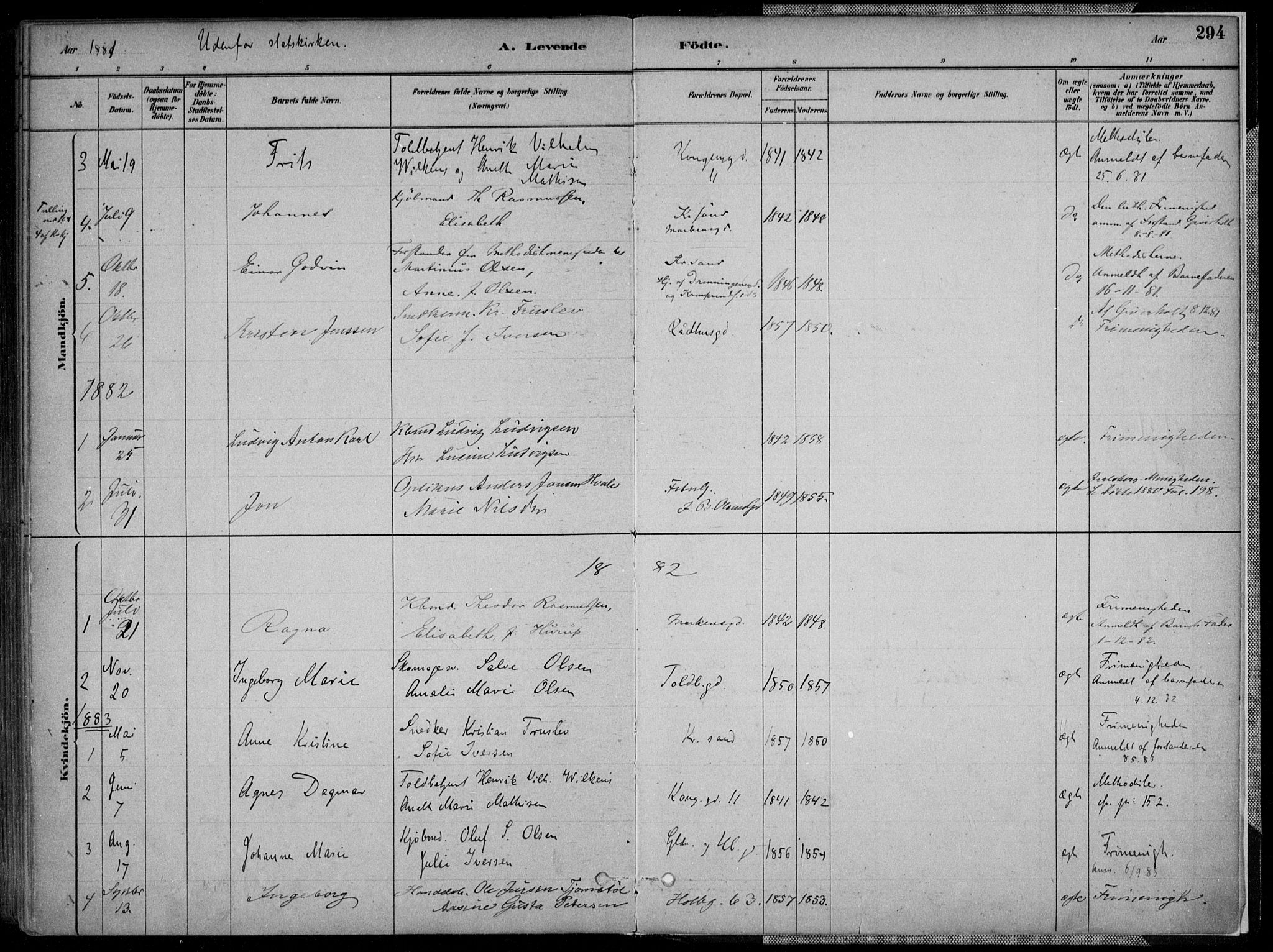 Kristiansand domprosti, SAK/1112-0006/F/Fa/L0016: Parish register (official) no. A 16A, 1880-1890, p. 294