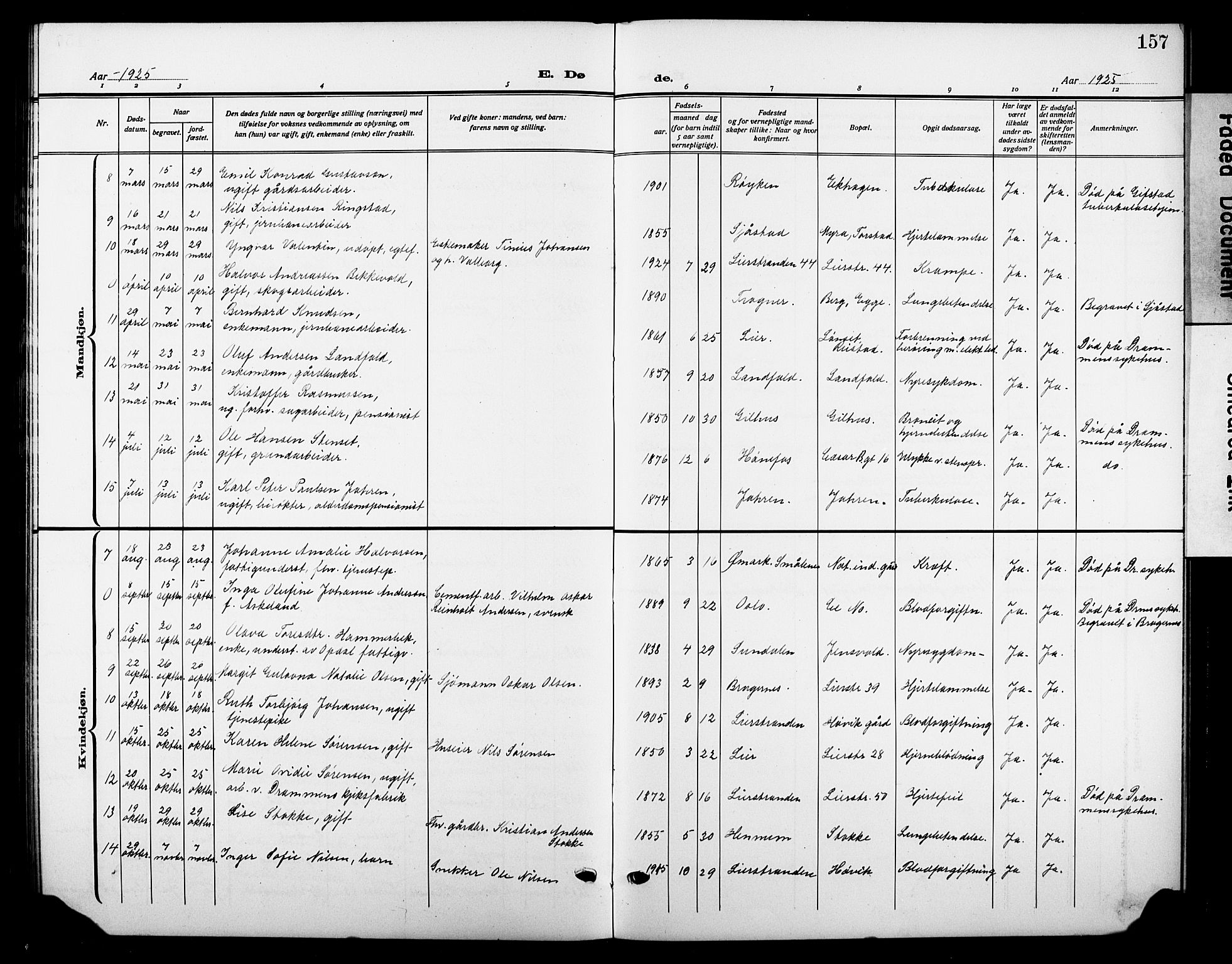 Lier kirkebøker, AV/SAKO-A-230/G/Gb/L0004: Parish register (copy) no. II 4, 1920-1932, p. 157