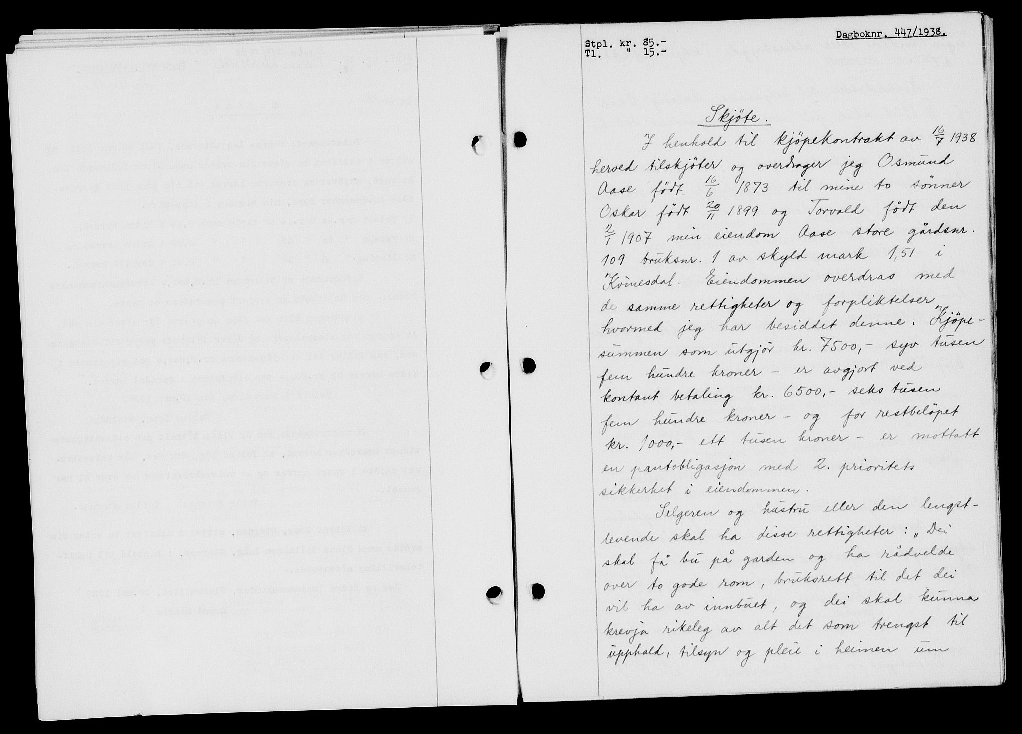 Flekkefjord sorenskriveri, SAK/1221-0001/G/Gb/Gba/L0054: Mortgage book no. A-2, 1937-1938, Diary no: : 447/1938