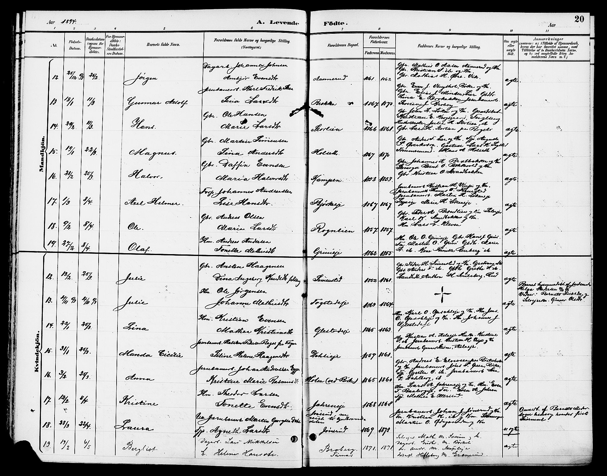 Ringsaker prestekontor, AV/SAH-PREST-014/L/La/L0014: Parish register (copy) no. 14, 1891-1904, p. 20