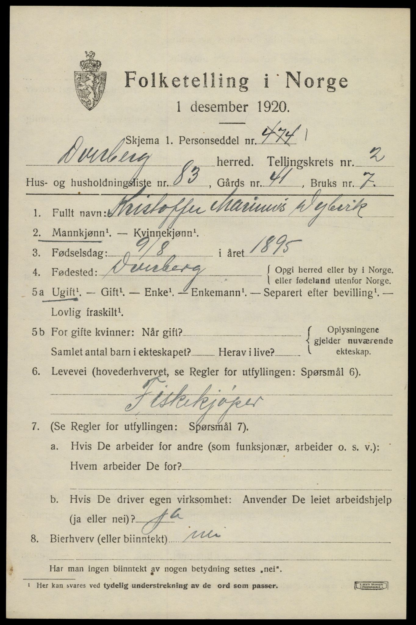 SAT, 1920 census for Dverberg, 1920, p. 3644