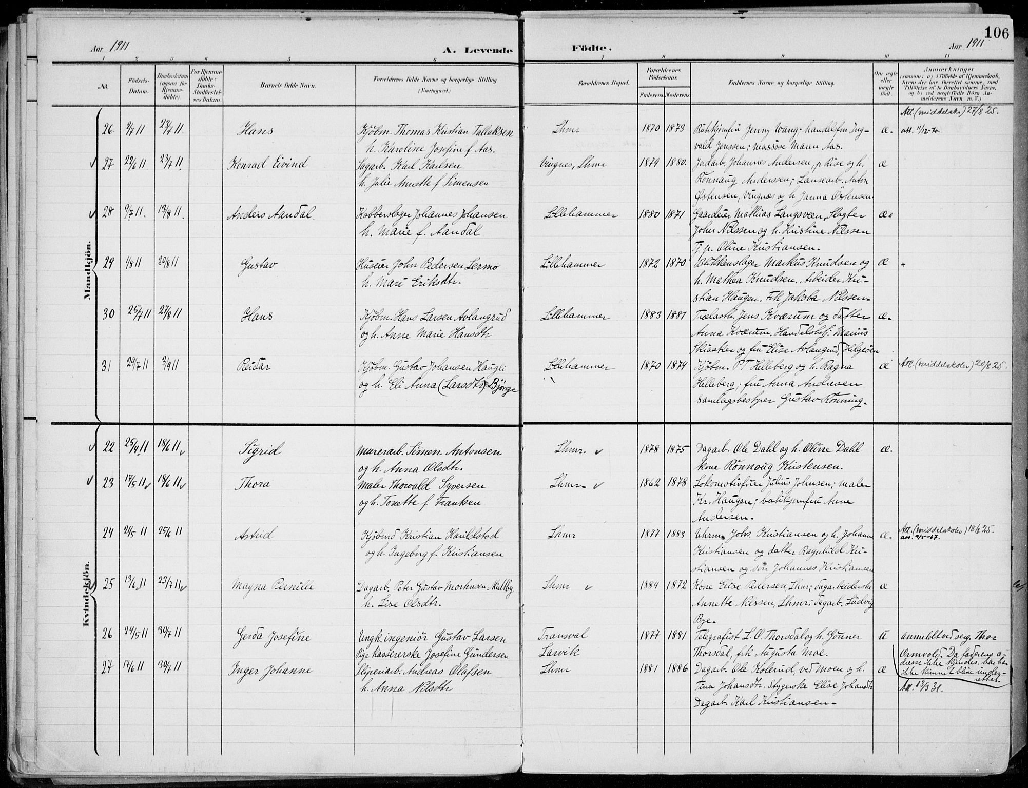 Lillehammer prestekontor, AV/SAH-PREST-088/H/Ha/Haa/L0001: Parish register (official) no. 1, 1901-1916, p. 106