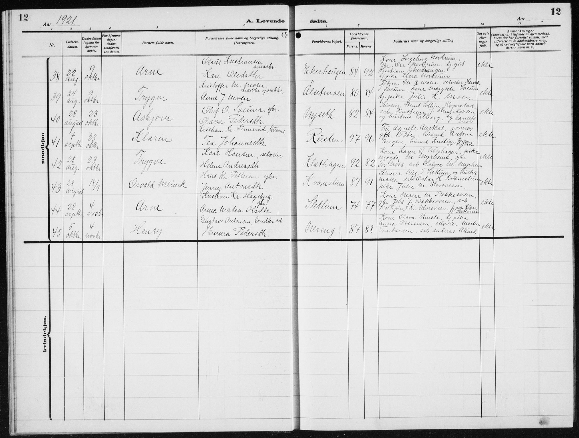 Biri prestekontor, SAH/PREST-096/H/Ha/Hab/L0007: Parish register (copy) no. 7, 1919-1941, p. 12