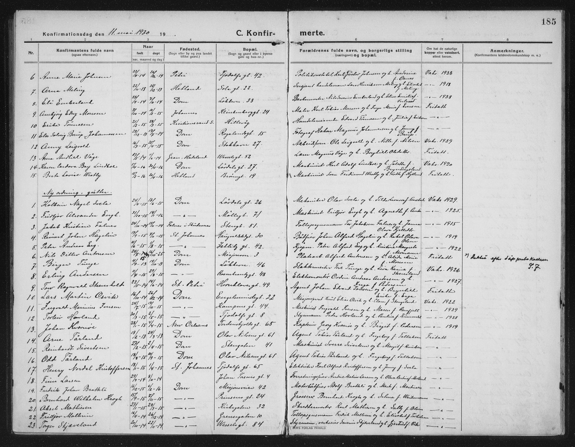 Domkirken sokneprestkontor, SAST/A-101812/002/A/L0019: Parish register (official) no. A 35, 1916-1932, p. 185