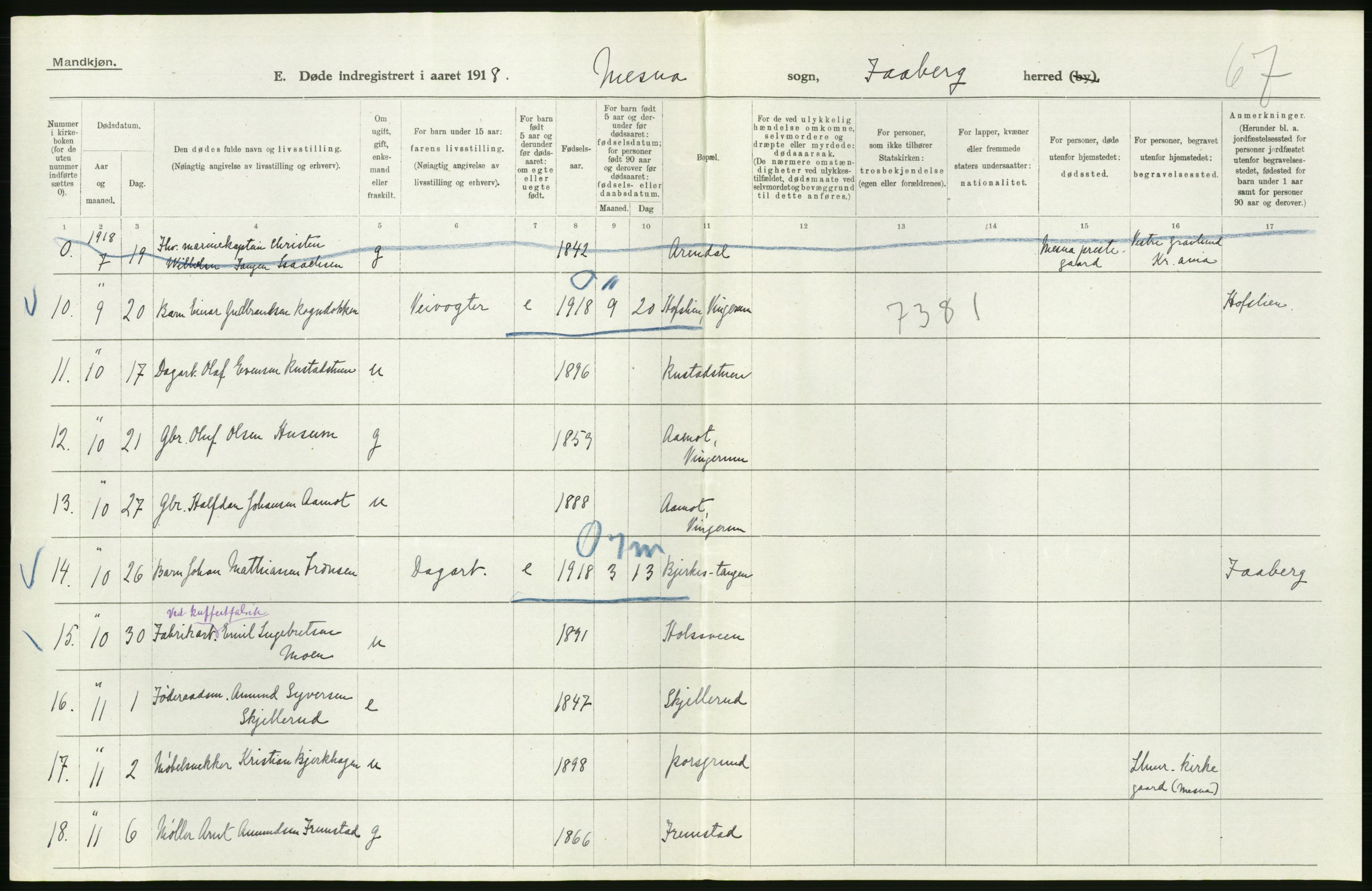 Statistisk sentralbyrå, Sosiodemografiske emner, Befolkning, RA/S-2228/D/Df/Dfb/Dfbh/L0017: Oppland fylke: Døde. Bygder og byer., 1918, p. 90