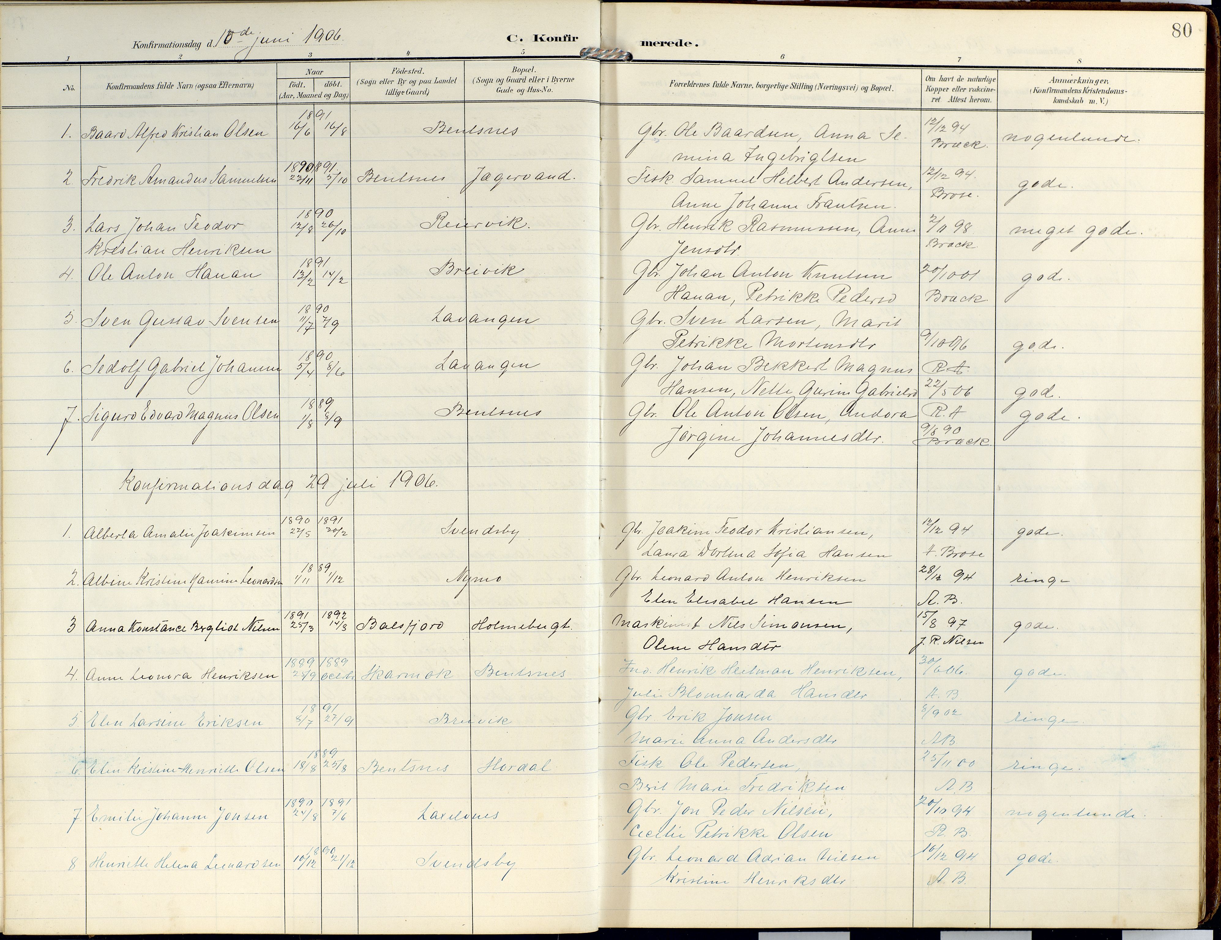 Lyngen sokneprestembete, SATØ/S-1289/H/He/Hea/L0014kirke: Parish register (official) no. 14, 1905-1920, p. 80