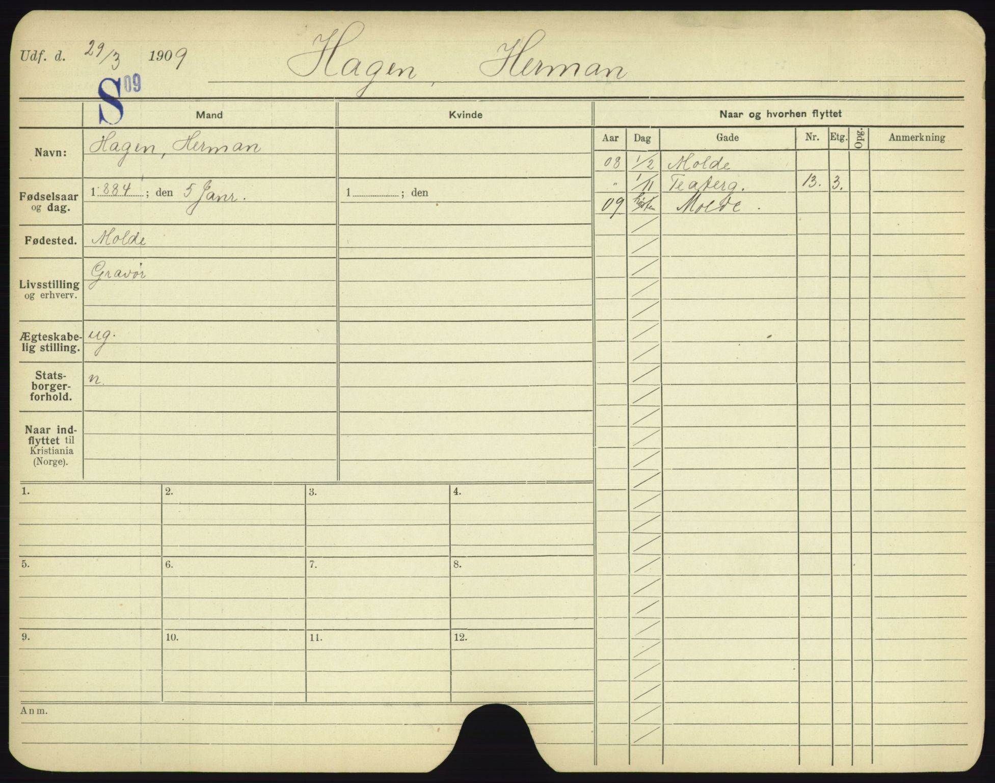 Oslo folkeregister, Registerkort, AV/SAO-A-11715/F/Fa/Fac/L0003: Menn, 1906-1914, p. 1024a