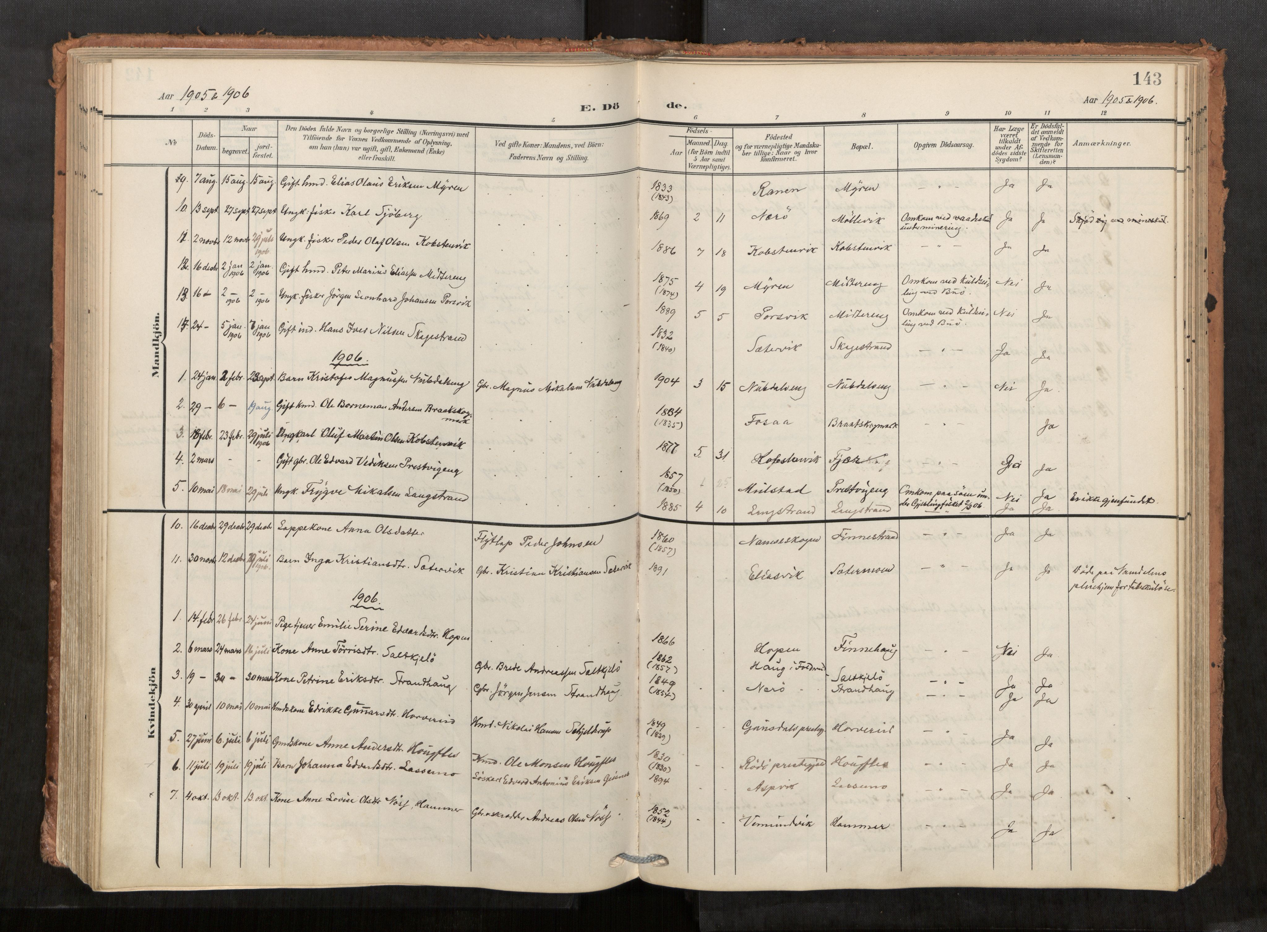 Kolvereid sokneprestkontor, SAT/A-1171/H/Ha/Haa/L0001: Parish register (official) no. 1, 1903-1922, p. 143