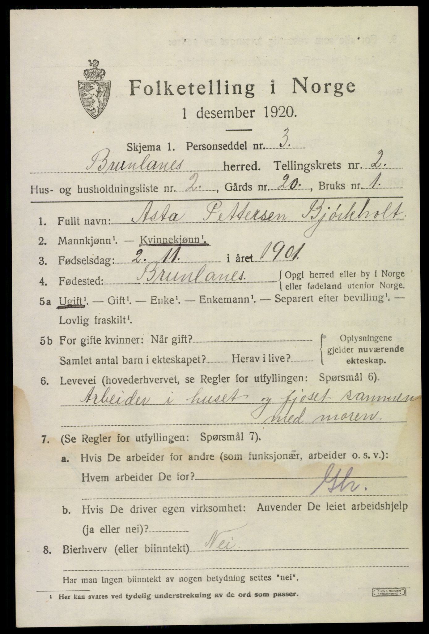 SAKO, 1920 census for Brunlanes, 1920, p. 3325