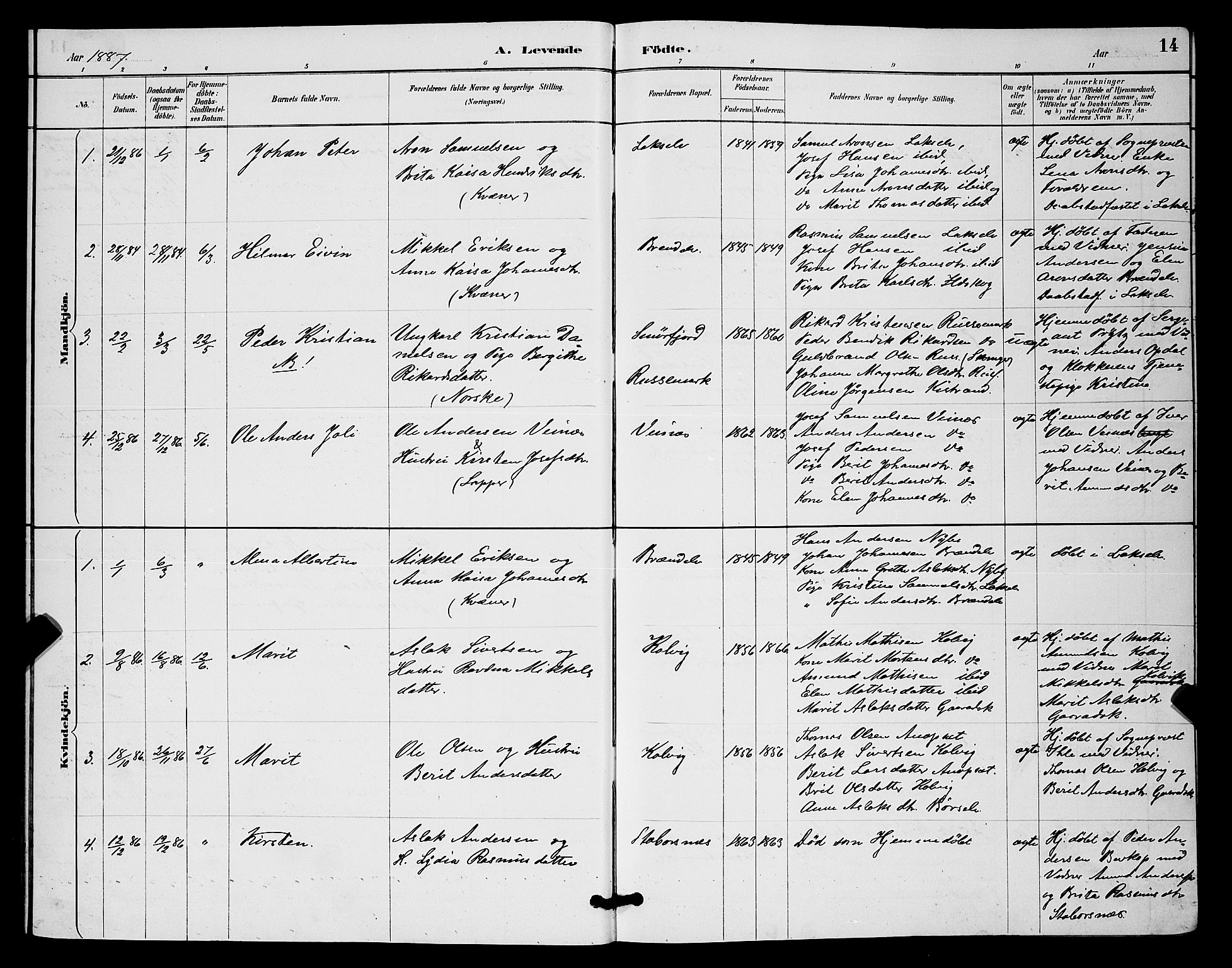 Kistrand/Porsanger sokneprestembete, AV/SATØ-S-1351/H/Hb/L0004.klokk: Parish register (copy) no. 4, 1885-1894, p. 14