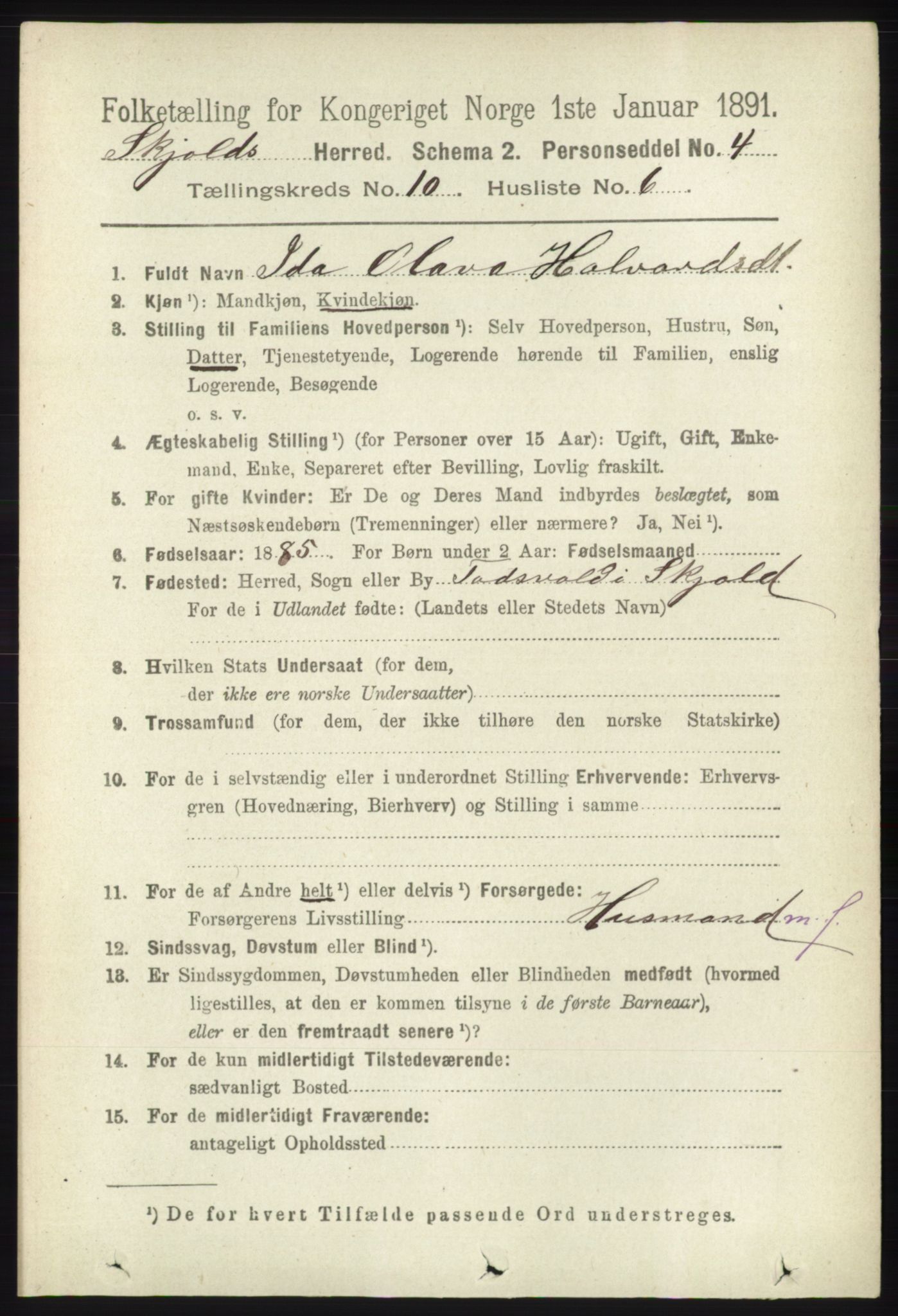 RA, 1891 census for 1154 Skjold, 1891, p. 2031