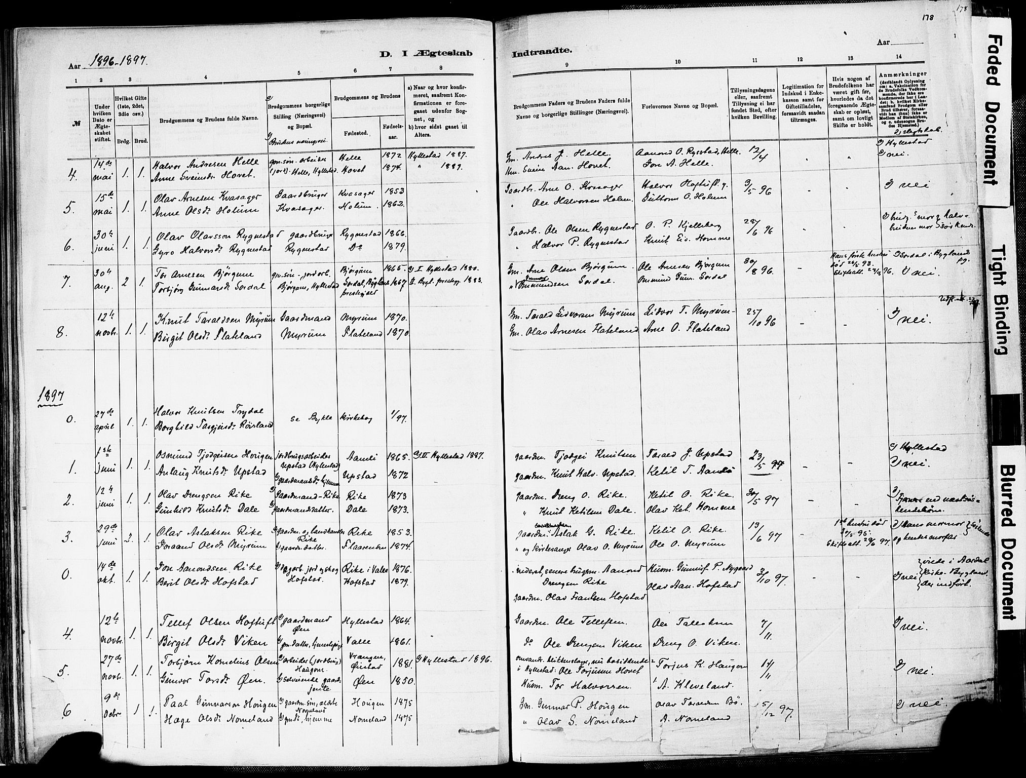 Valle sokneprestkontor, SAK/1111-0044/F/Fa/Fac/L0009: Parish register (official) no. A 9, 1882-1913, p. 178