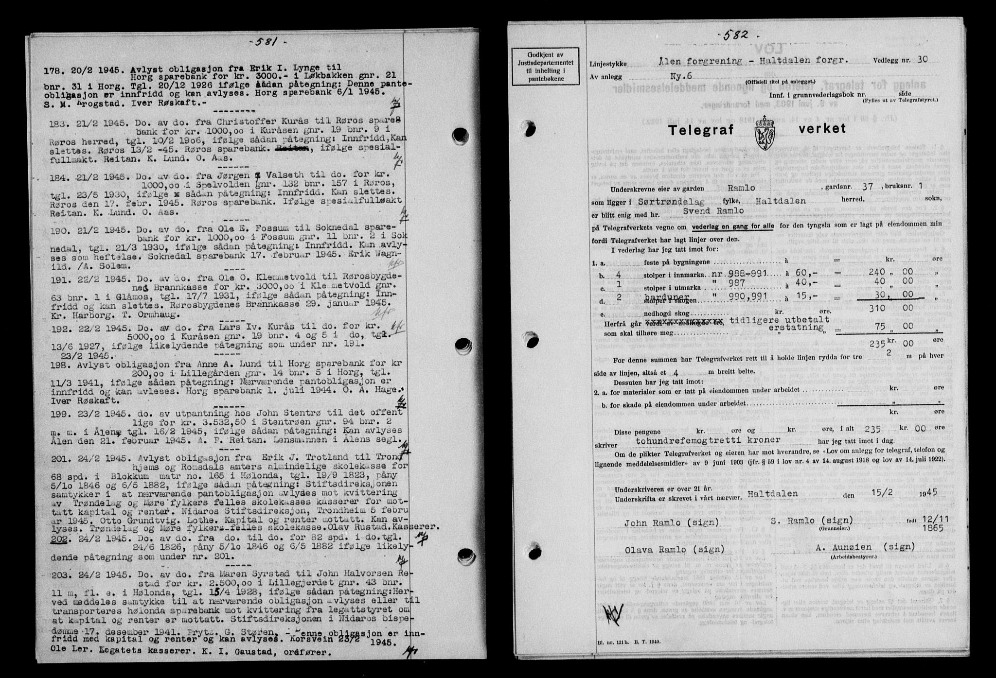 Gauldal sorenskriveri, SAT/A-0014/1/2/2C/L0058: Mortgage book no. 63, 1944-1945, Diary no: : 166/1945