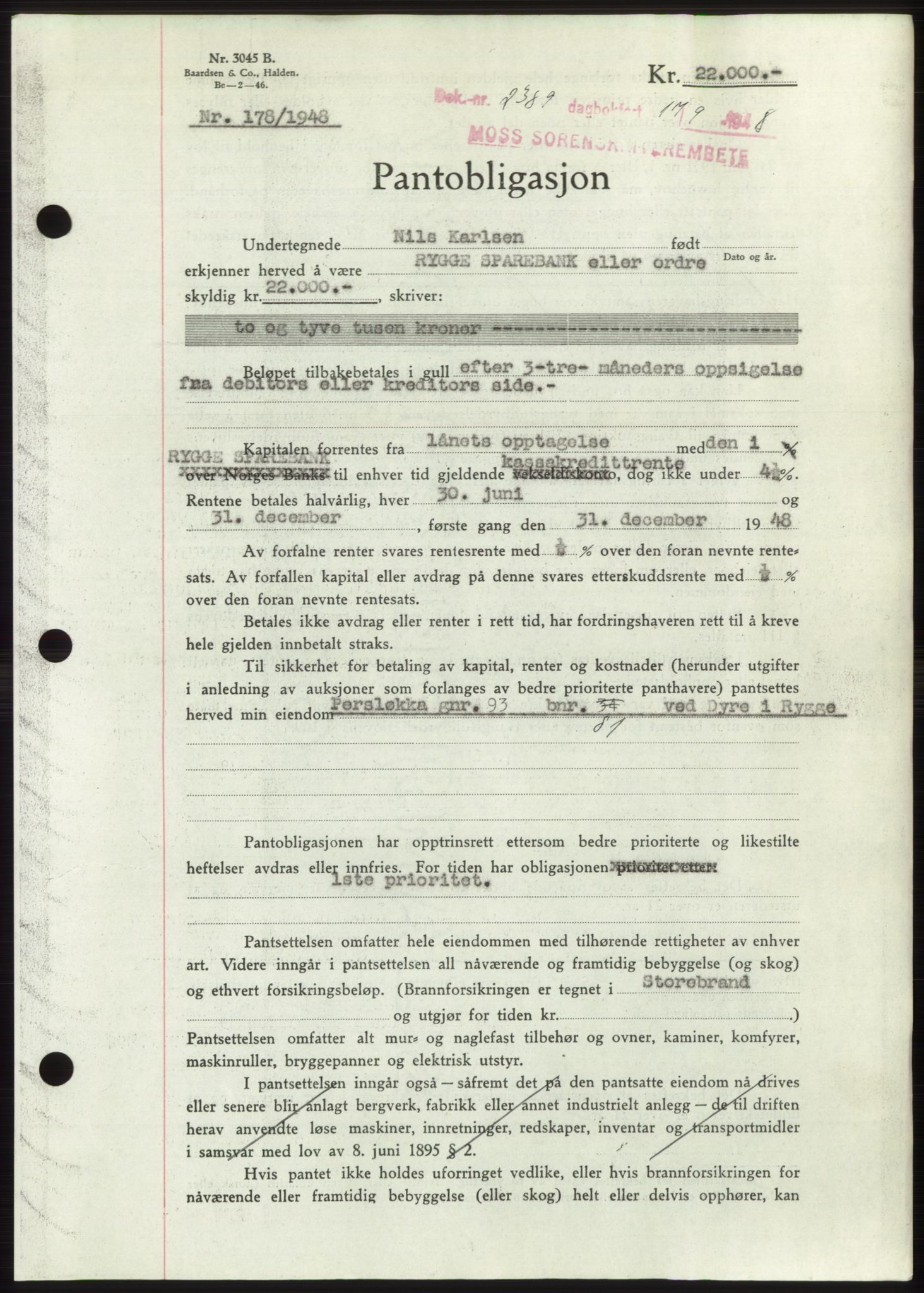 Moss sorenskriveri, AV/SAO-A-10168: Mortgage book no. B20, 1948-1948, Diary no: : 2389/1948