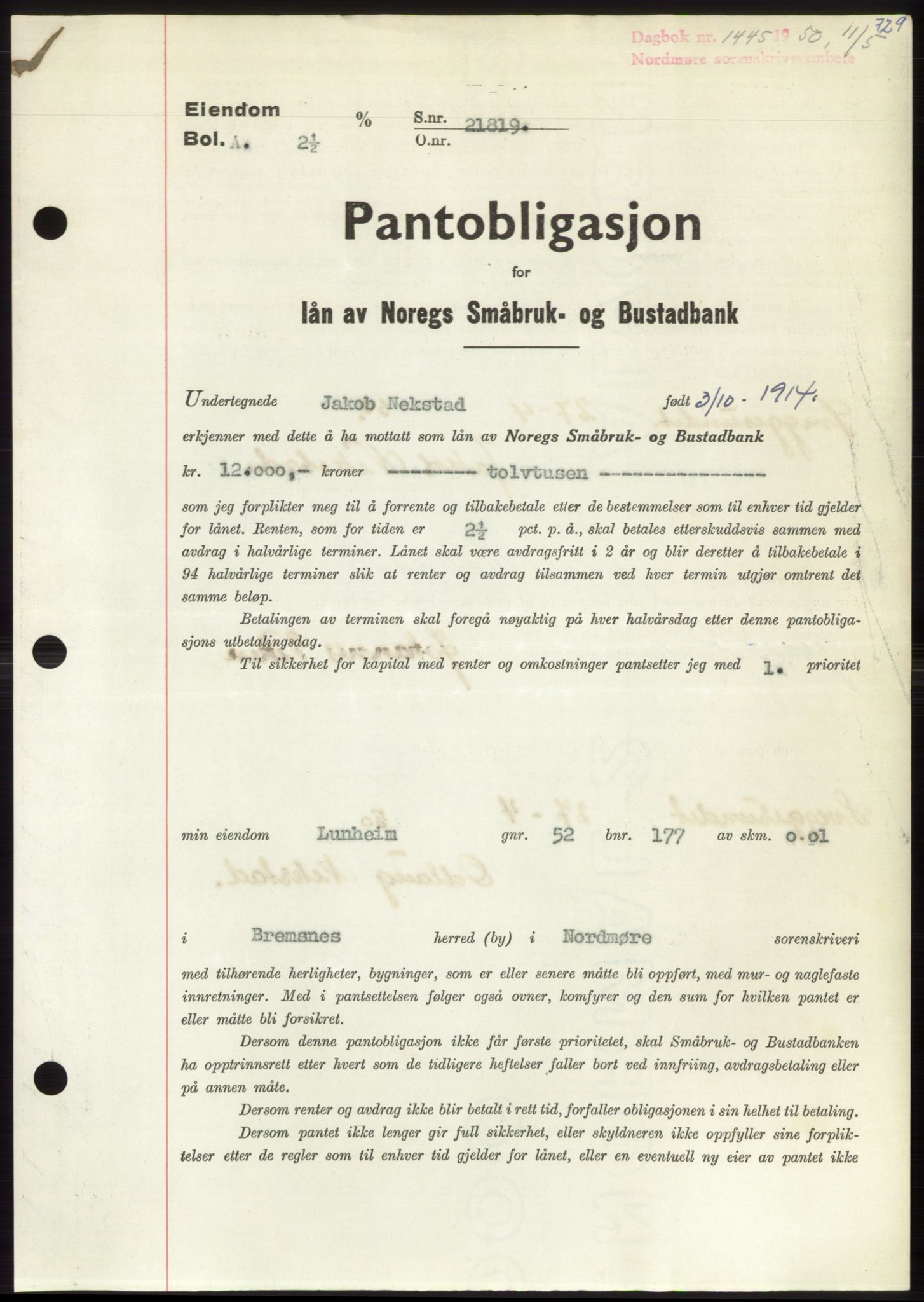 Nordmøre sorenskriveri, AV/SAT-A-4132/1/2/2Ca: Mortgage book no. B104, 1950-1950, Diary no: : 1445/1950