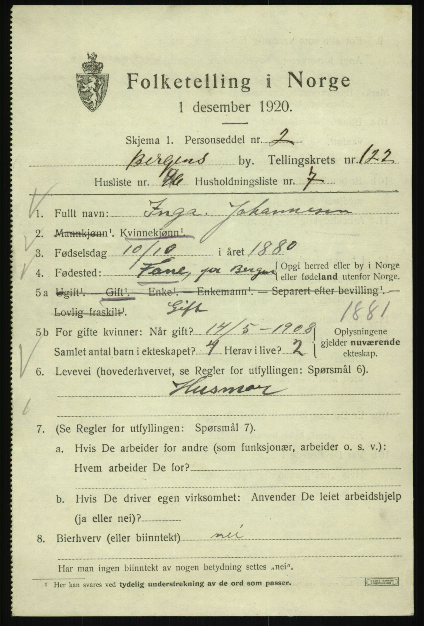 SAB, 1920 census for Bergen, 1920, p. 206888