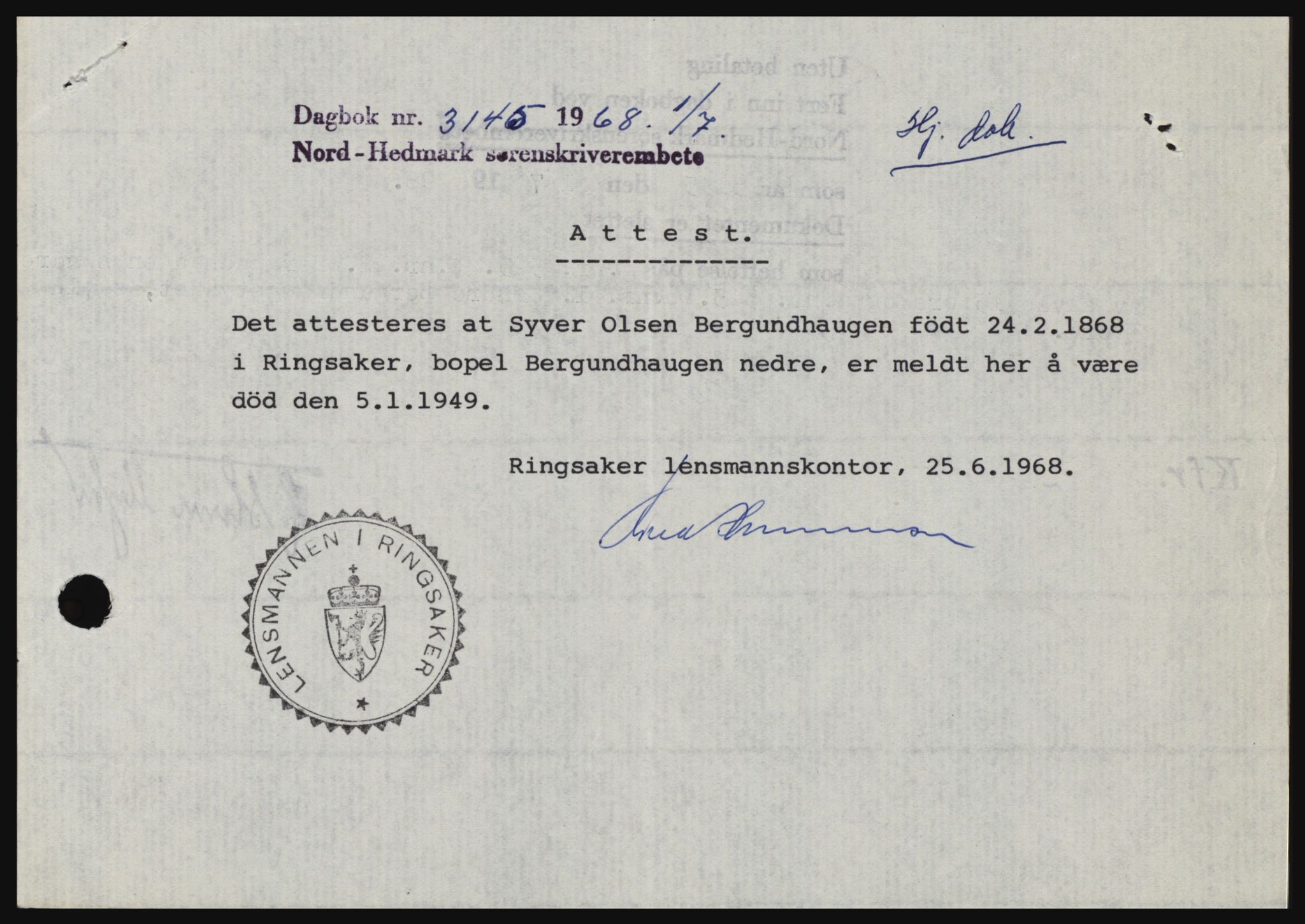 Nord-Hedmark sorenskriveri, SAH/TING-012/H/Hc/L0028: Mortgage book no. 28, 1968-1968, Diary no: : 3145/1968