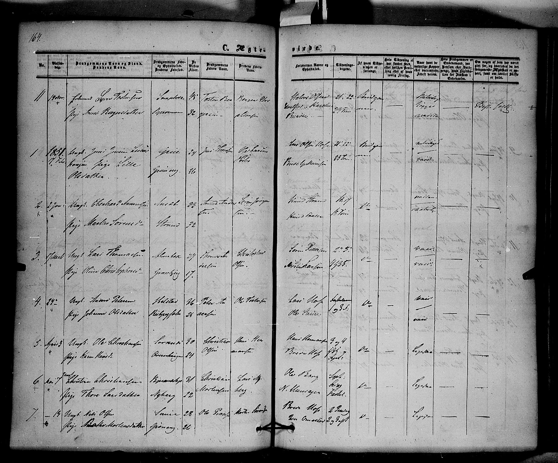 Hof prestekontor, SAH/PREST-038/H/Ha/Haa/L0008: Parish register (official) no. 8, 1849-1861, p. 164